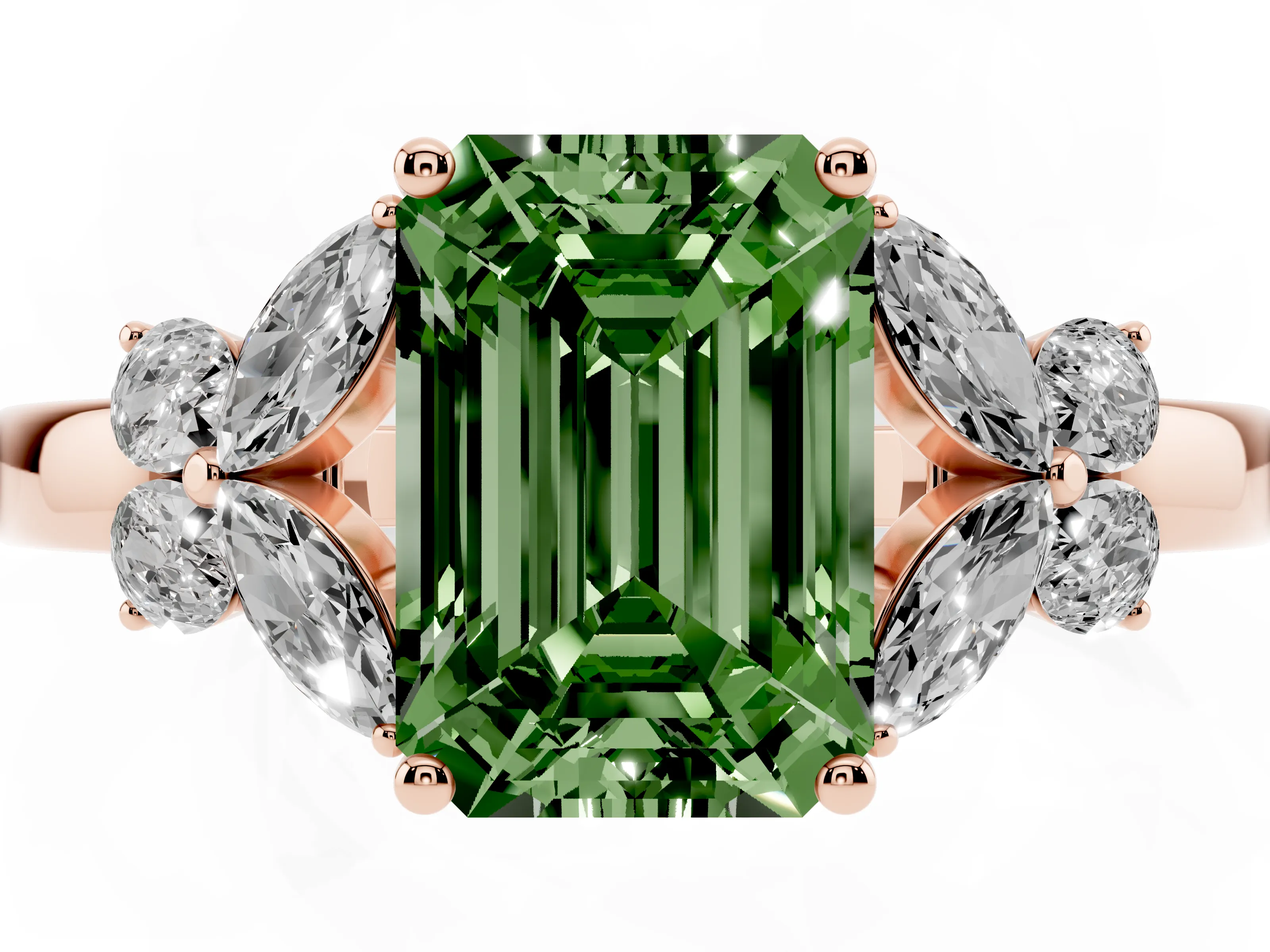 Fancy Green Emerald Cut Diamond Solitaire Floral Ring Set in Rose gold with Marquise Petals and Prong Setting