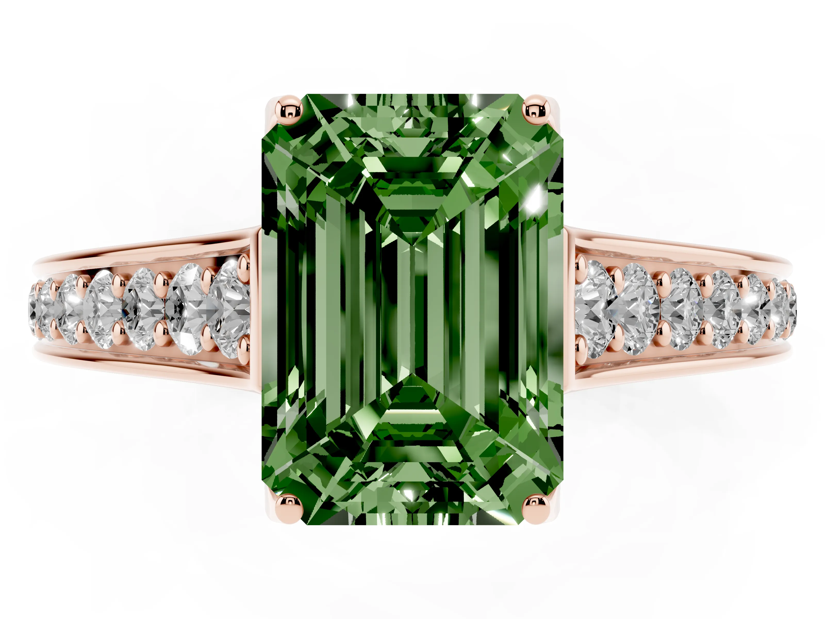 Fancy Green Emerald Cut Diamond Solitaire Pavé Engagement Ring Set in Rose gold with Prong Setting
