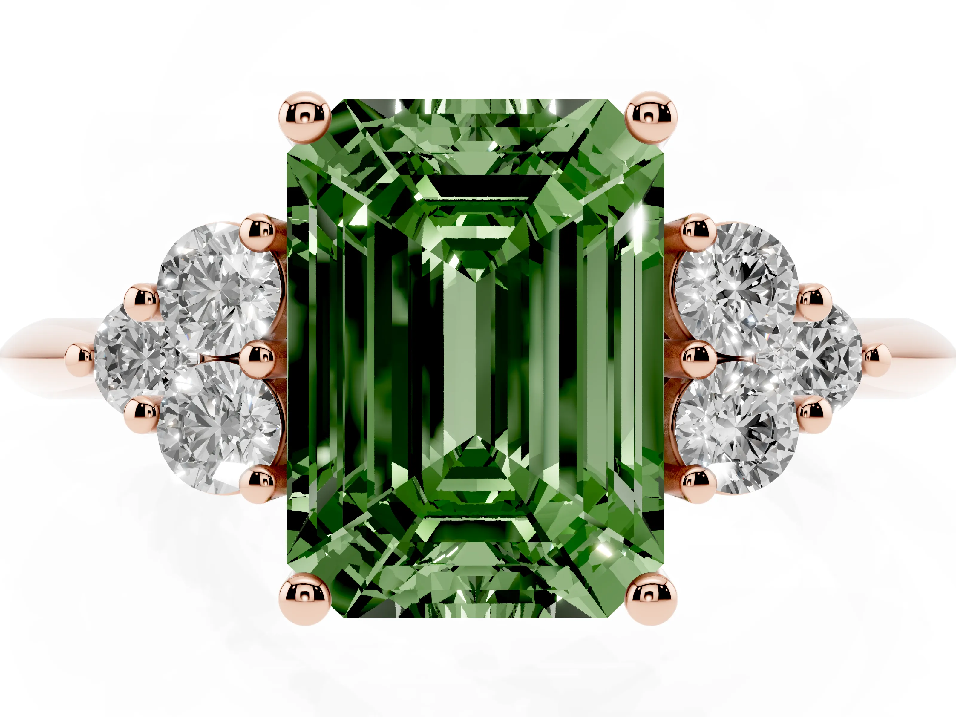 Fancy Green Emerald Cut Diamond Cluster Ring Set in Rose gold with Plain Band and Prong Setting