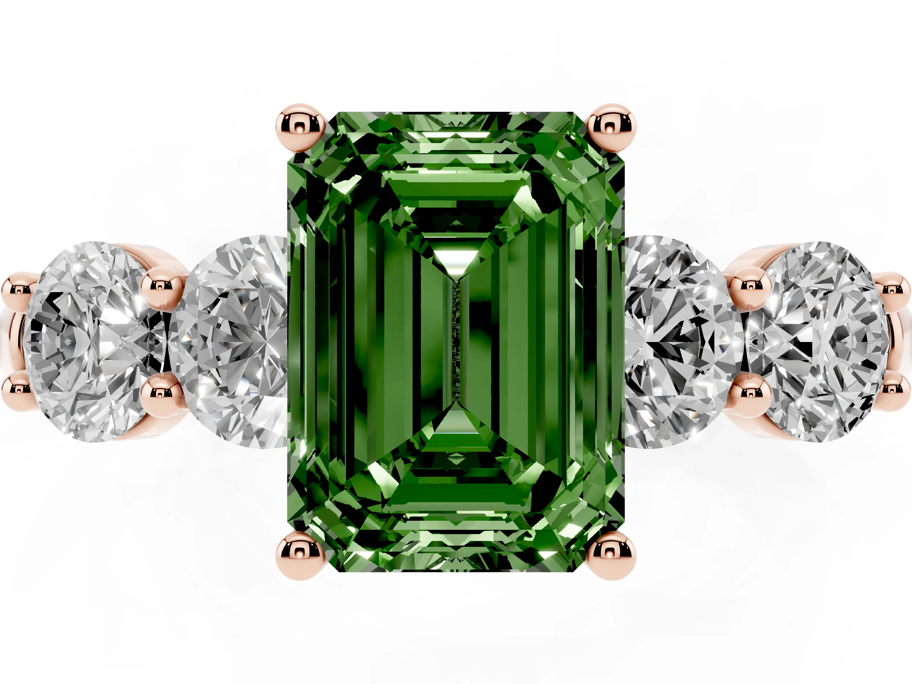 Fancy Green Emerald Cut Diamond Five-Stone Prong Set Ring Set in Rose gold with Classic Band