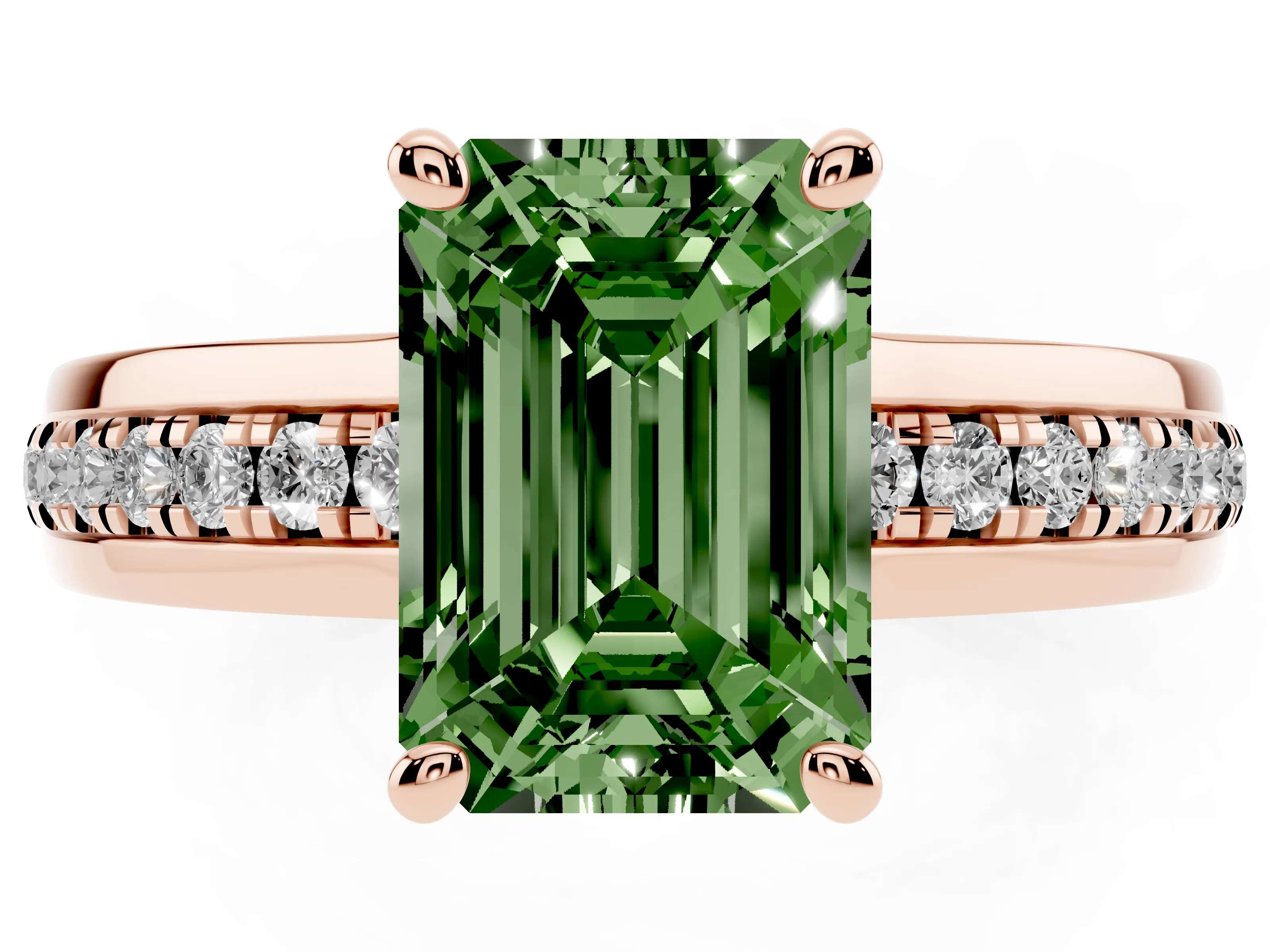 Fancy Green Emerald Cut Diamond Solitaire Ring Set in Rose gold with Channel Set Band and Prong Setting