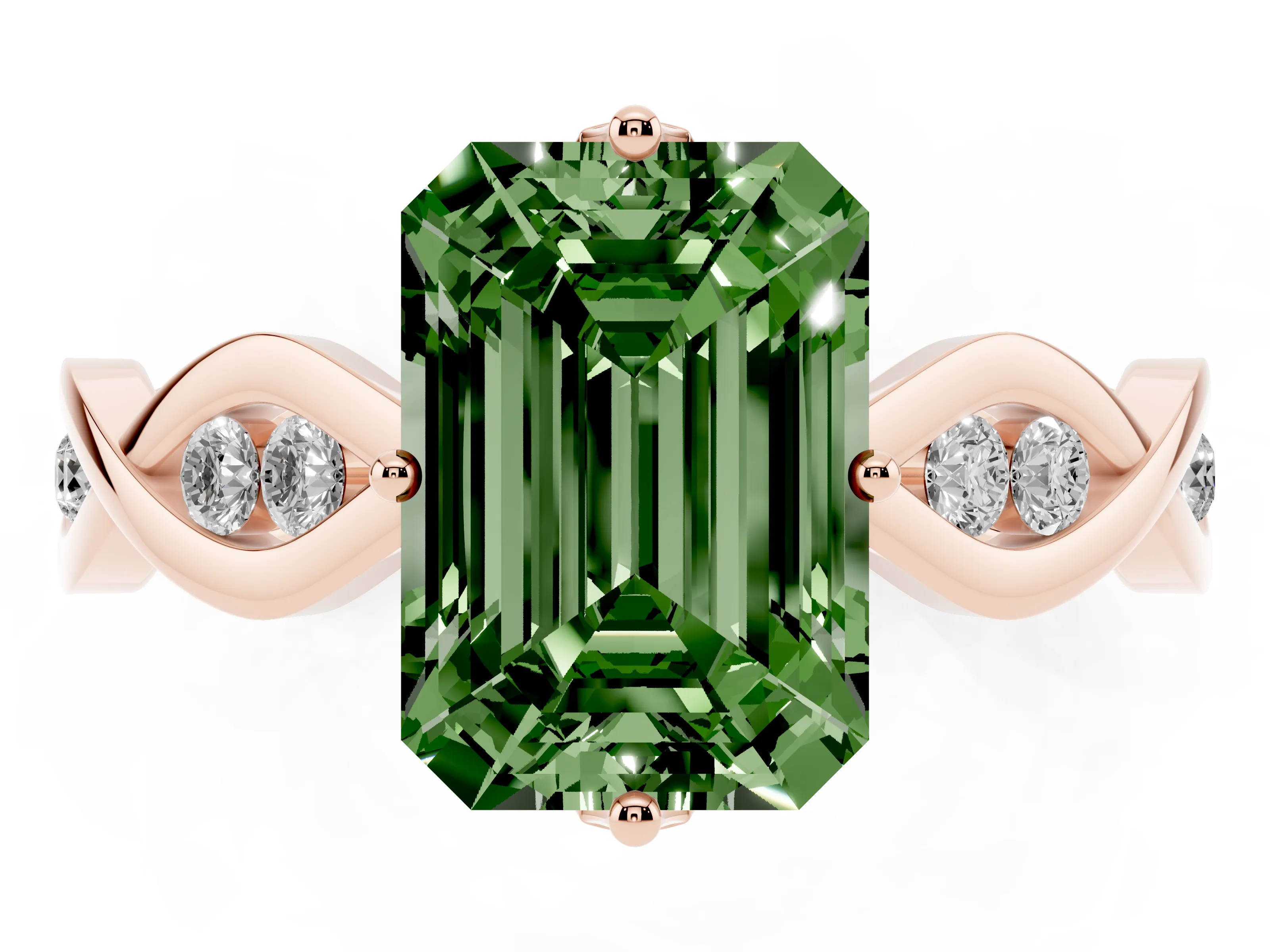 Fancy Green Emerald Cut Diamond Twist Band Solitaire Ring Set in Rose gold with Leaf Prong Setting and Accent Stones