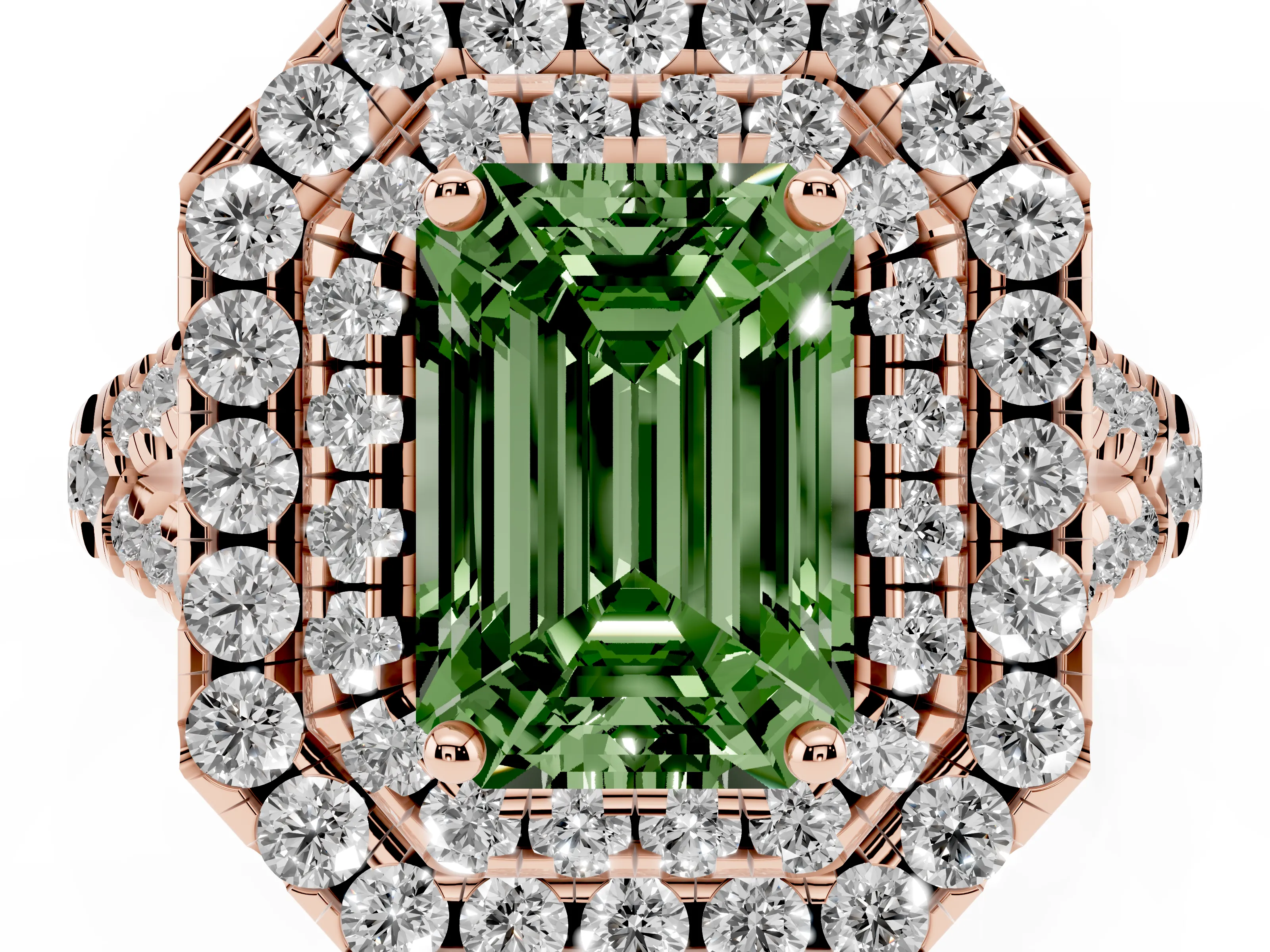 Fancy Green Emerald Cut Diamond Double Halo Ring Set in Rose gold with Pavé Split Shank and Prong Setting