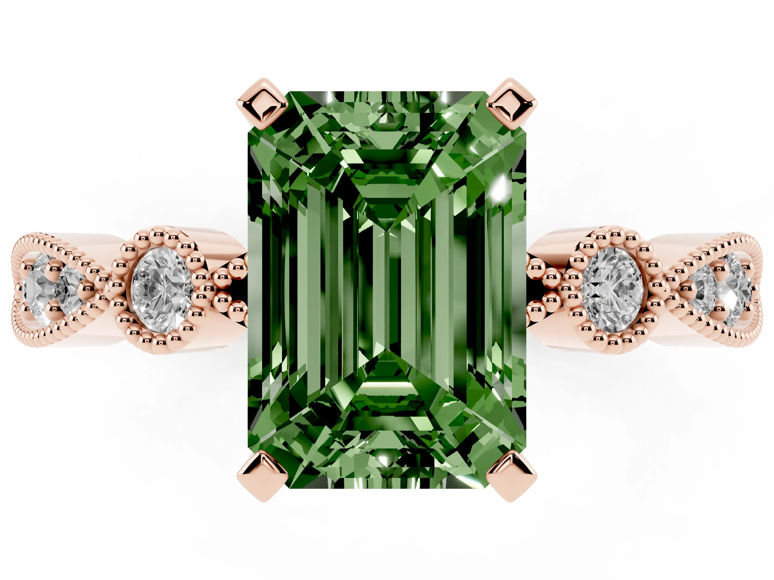 Fancy Green Emerald Cut Diamond Solitaire Engagement Ring Set in Rose gold with Milgrain Bezel Accent Band