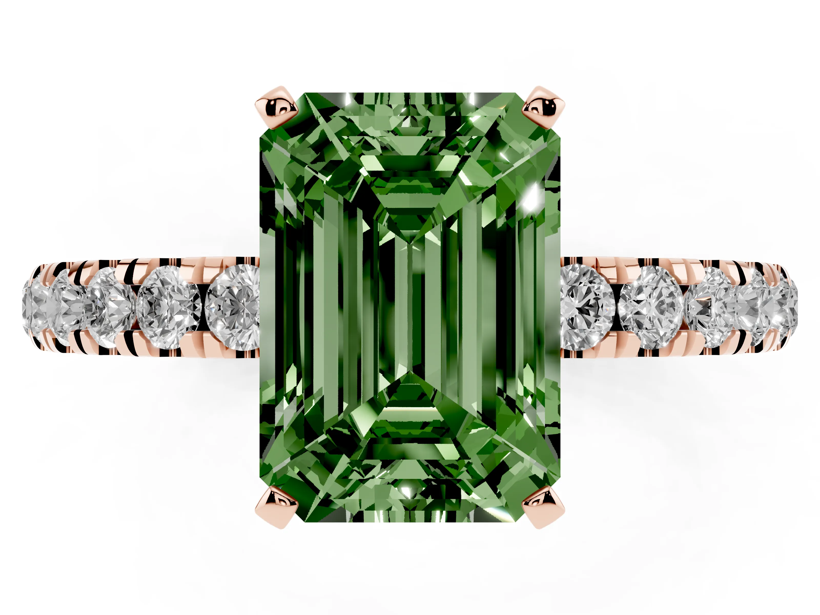Fancy Green Emerald Cut Diamond Solitaire Ring Set in Rose gold with Pavé Accents and Prong Setting