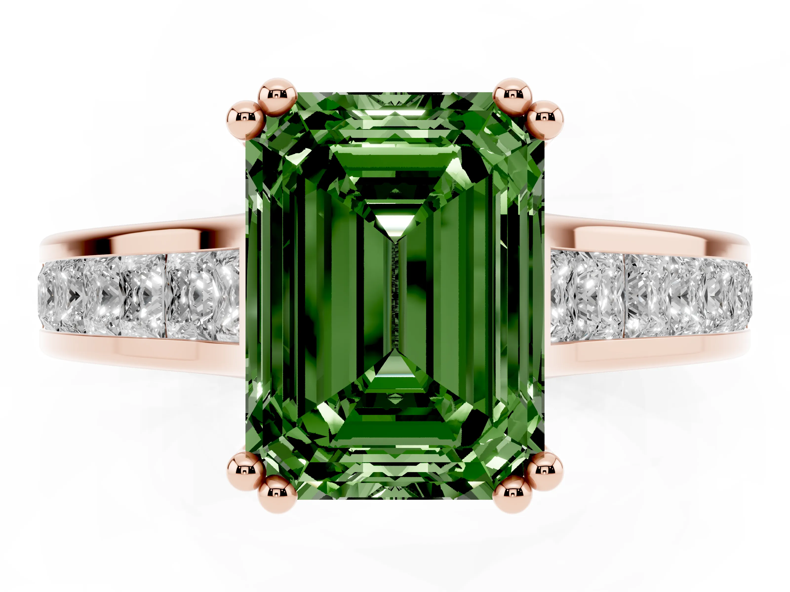 Fancy Green Emerald Cut Diamond Channel Set Solitaire Engagement Ring Set in Rose gold with Prong Setting