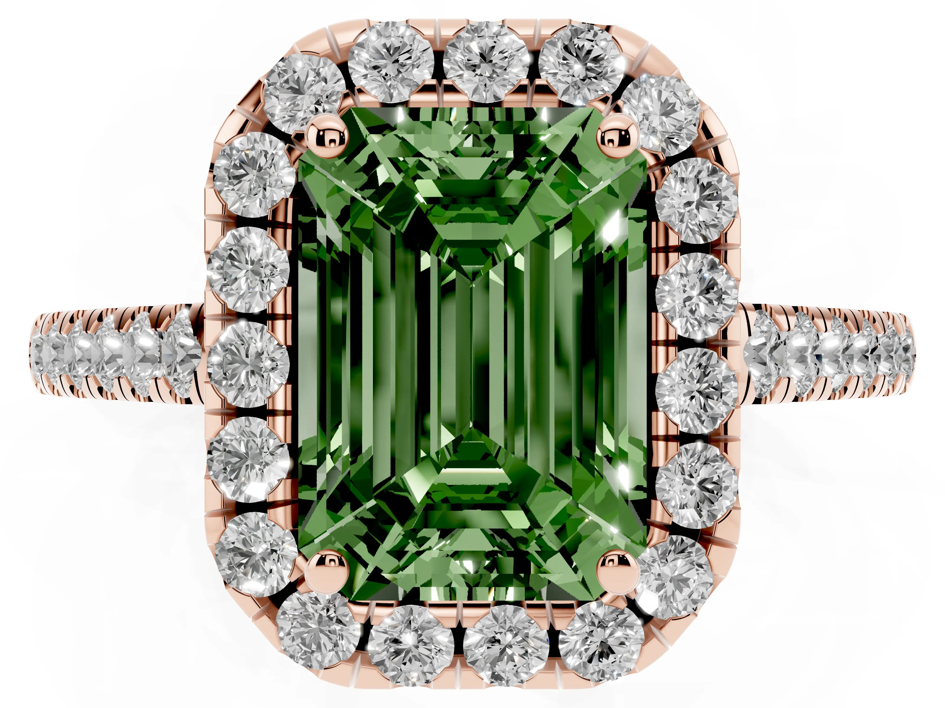 Fancy Green Emerald Cut Diamond Halo Pavé Engagement Ring Set in Rose gold with Prong Setting