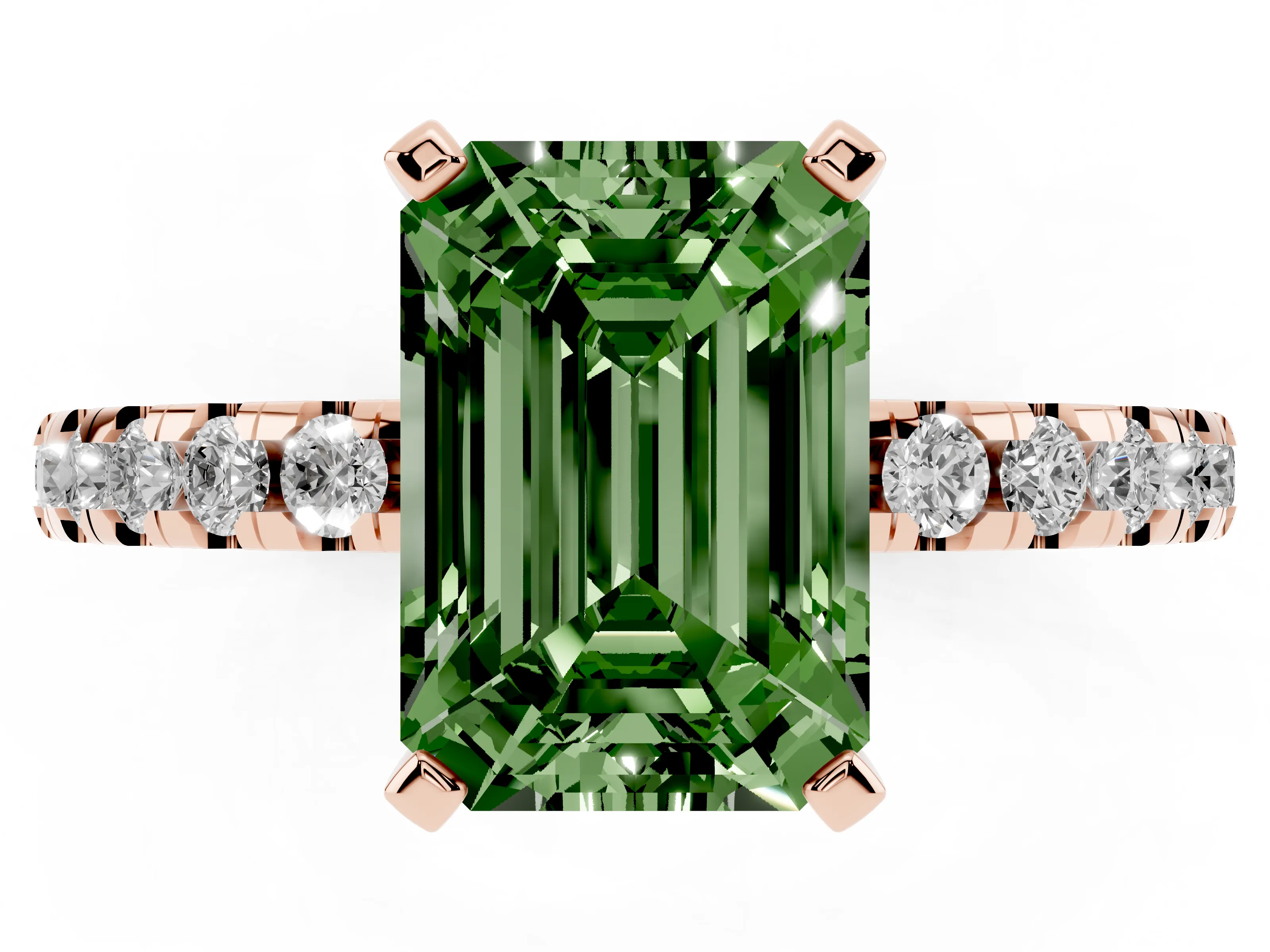 Fancy Green Emerald Cut Diamond Pavé Solitaire Ring Set in Rose gold with Round Band Accents and Prong Setting