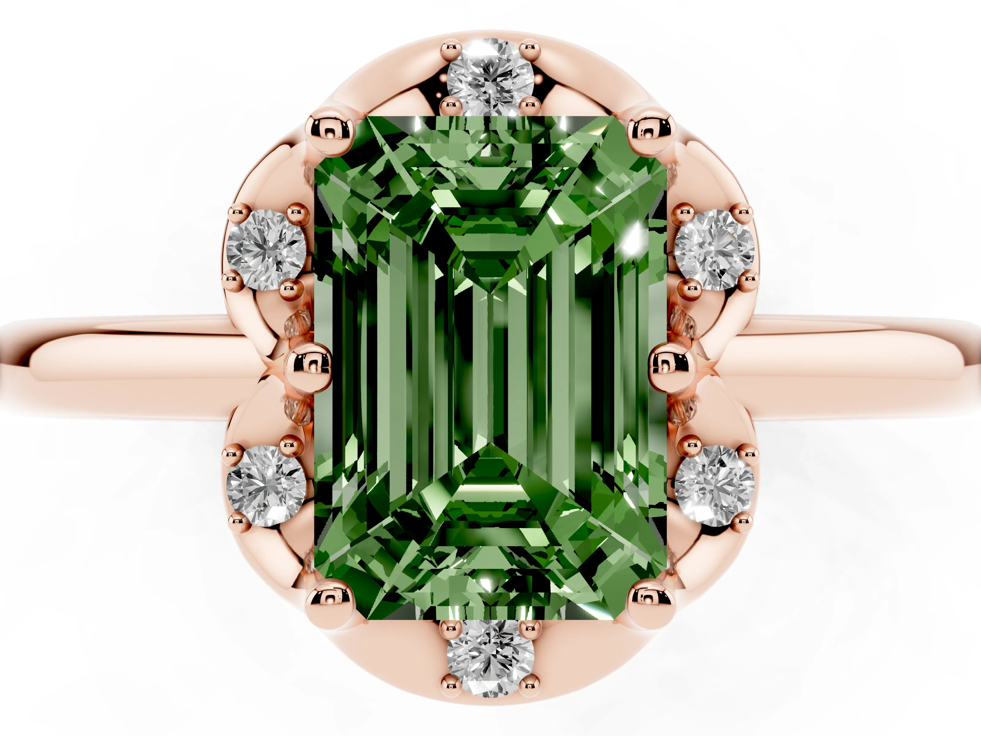 Fancy Green Emerald Cut Diamond Round Cluster Halo Ring Set in Rose gold with Solitaire Band and Prong Setting
