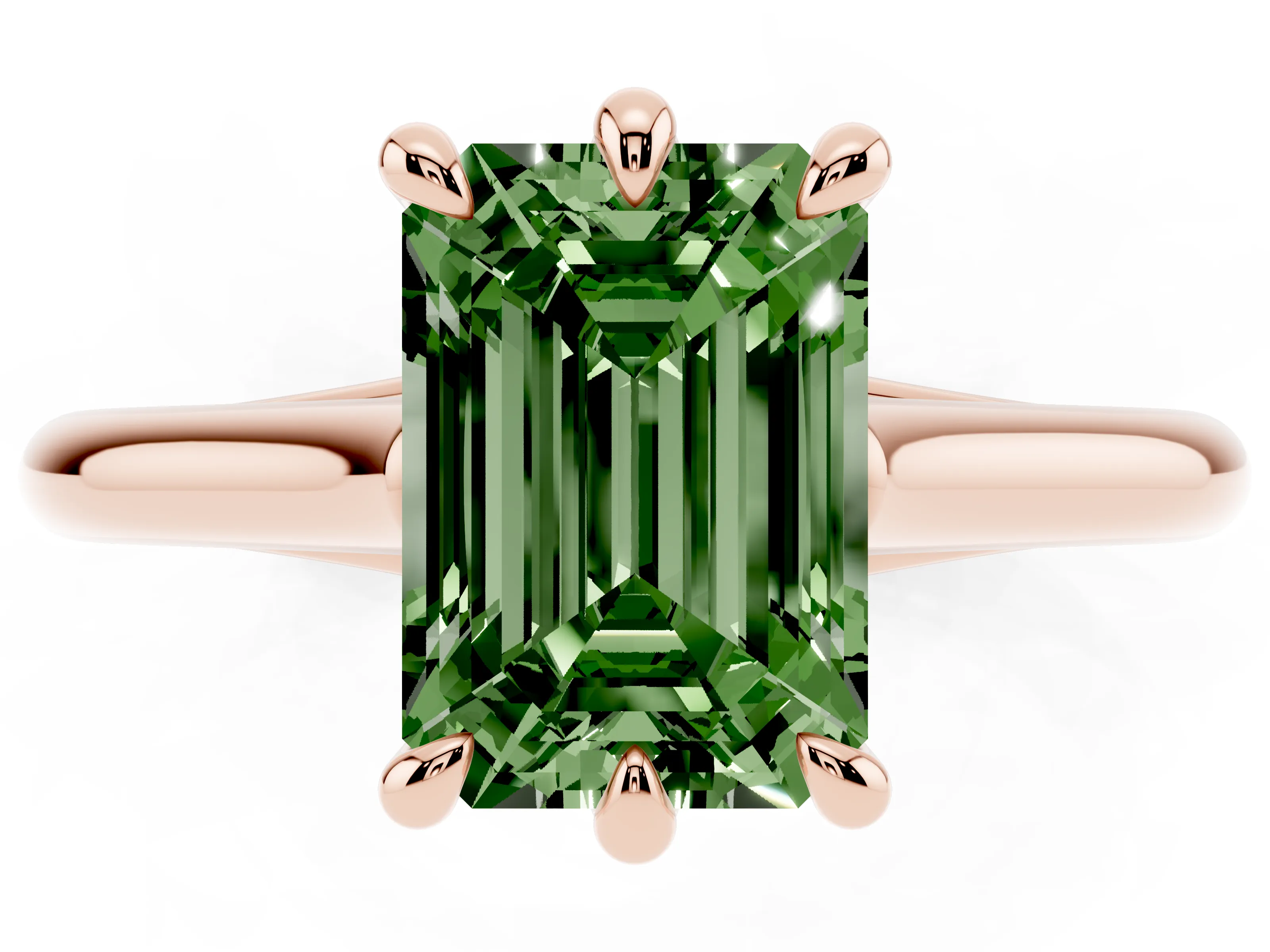 Fancy Green Emerald Cut Diamond Solitaire Engagement Ring Set in Rose gold with Prong Setting and Plain Classic Band