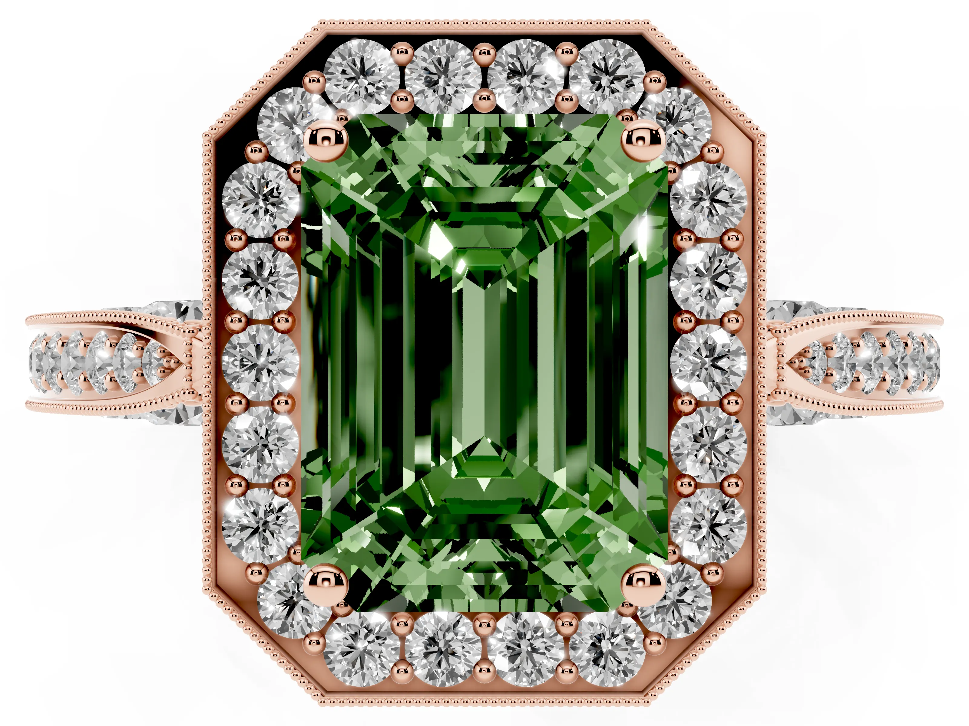 Fancy Green Emerald Cut Diamond Halo Engagement Ring Set in Rose gold with Accent Split Shank Band