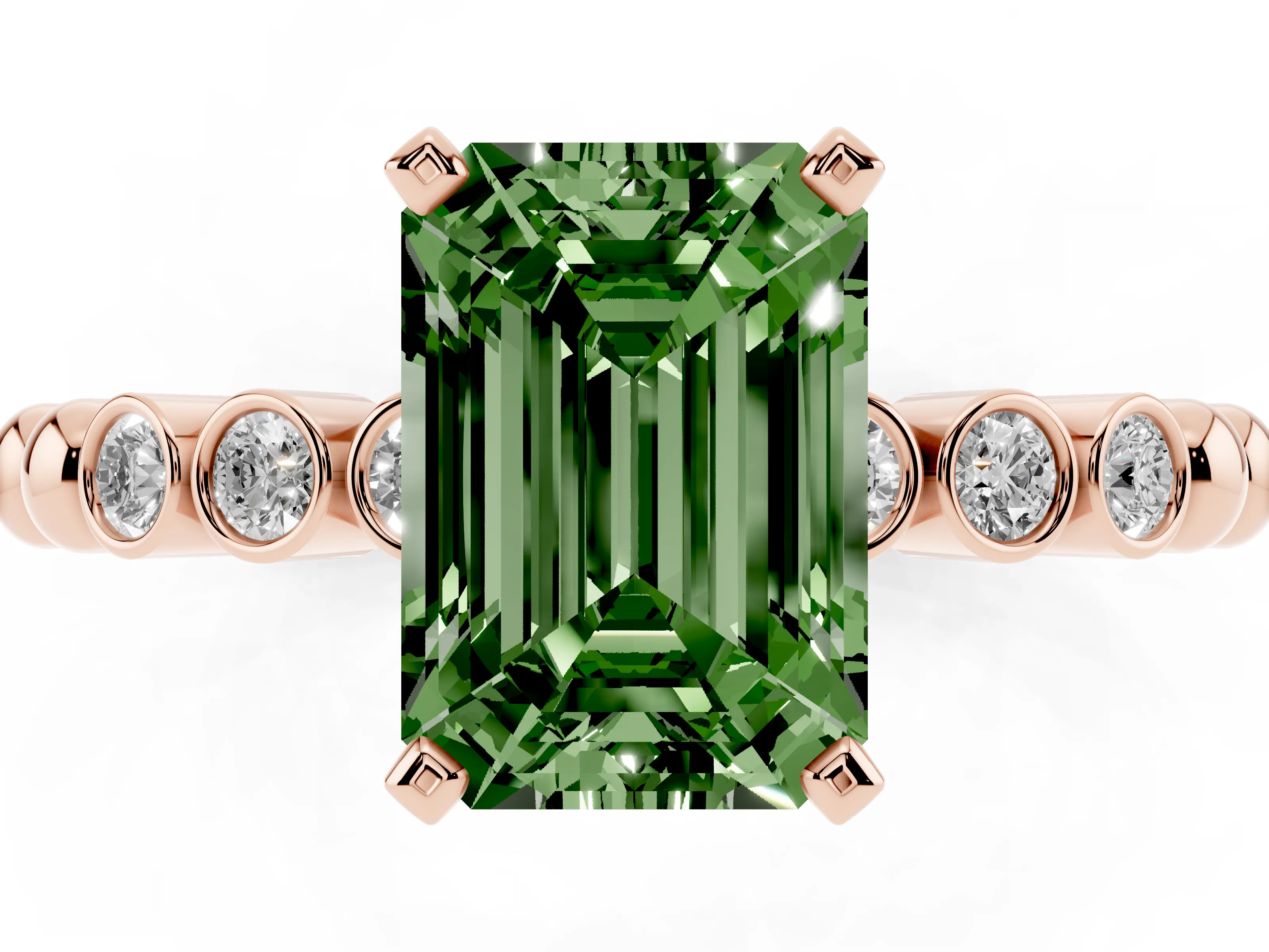 Fancy Green Emerald Cut Diamond Solitaire Engagement Ring Set in Rose gold with Bezel Accents on Beaded Band
