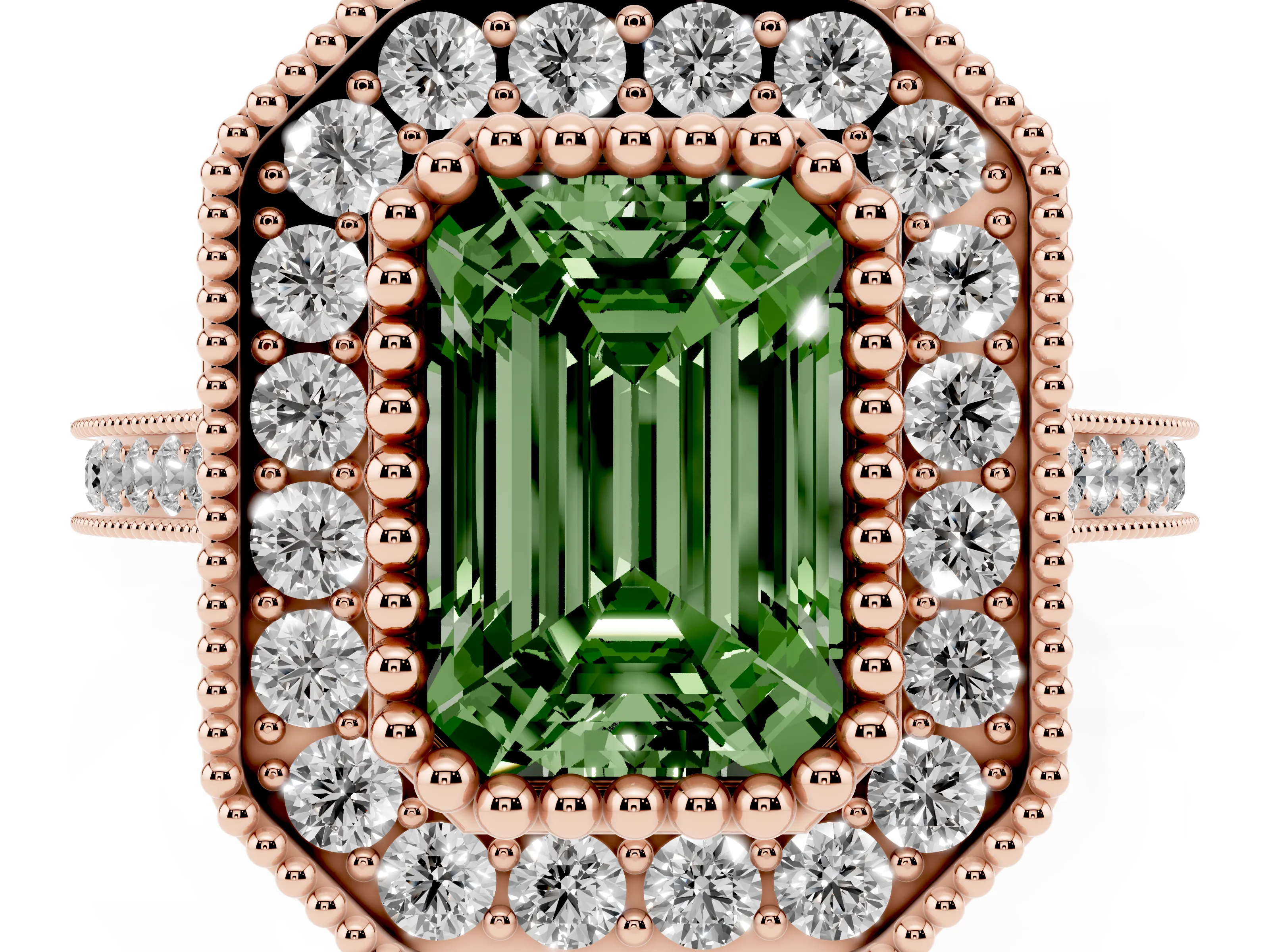 Fancy Green Emerald Cut Diamond Halo Ring Set in Rose gold with Milgrain Frame and Pavé Band
