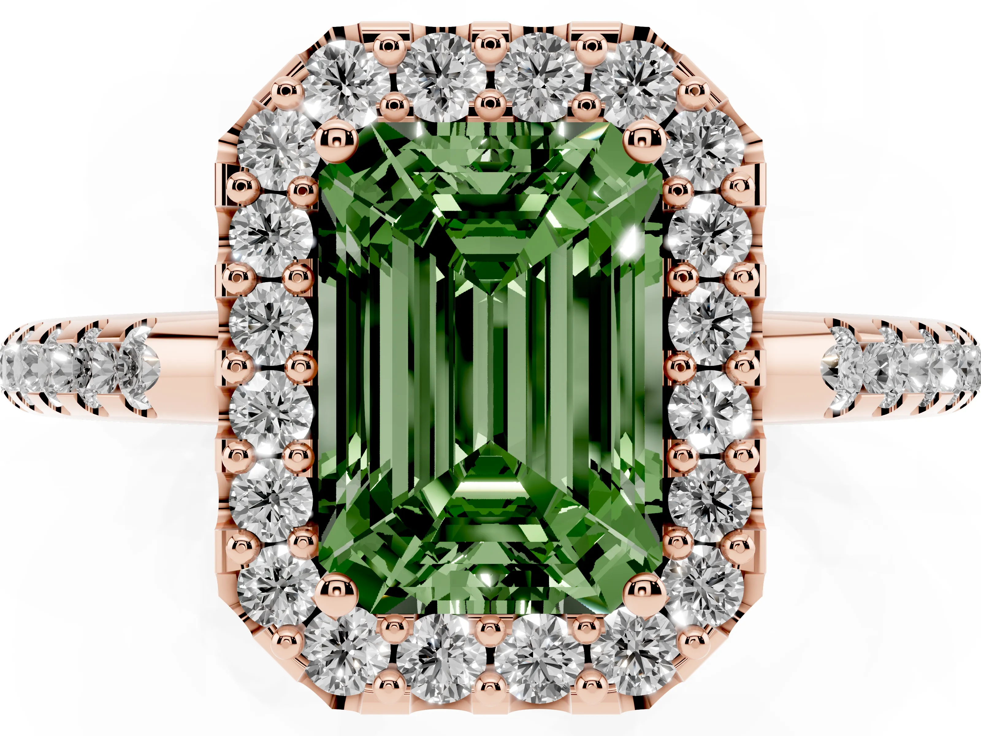 Fancy Green Emerald Cut Diamond Pavé Halo Ring Set in Rose gold with Prong Setting