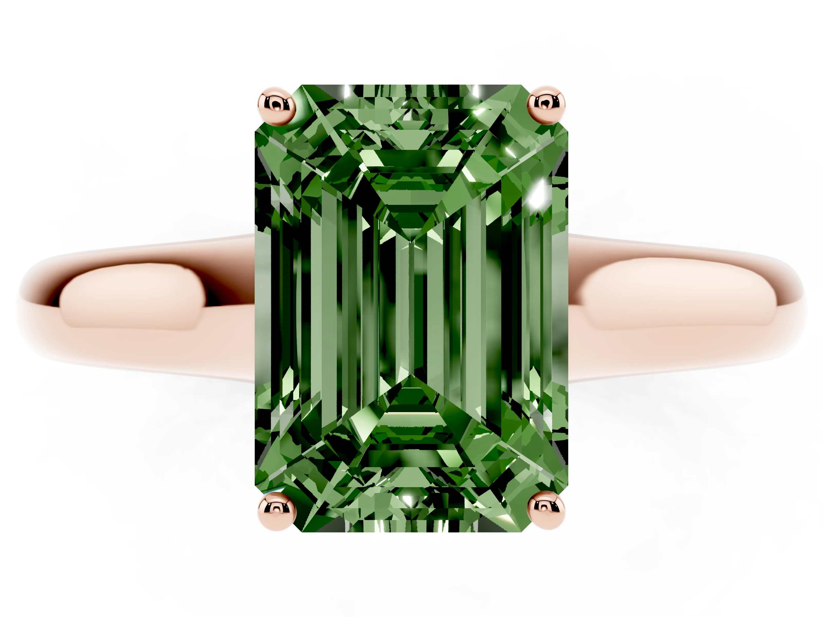 Fancy Green Emerald Cut Diamond Solitaire Engagement Ring Set in Rose gold with Subtly Tapered Band and Prong Setting