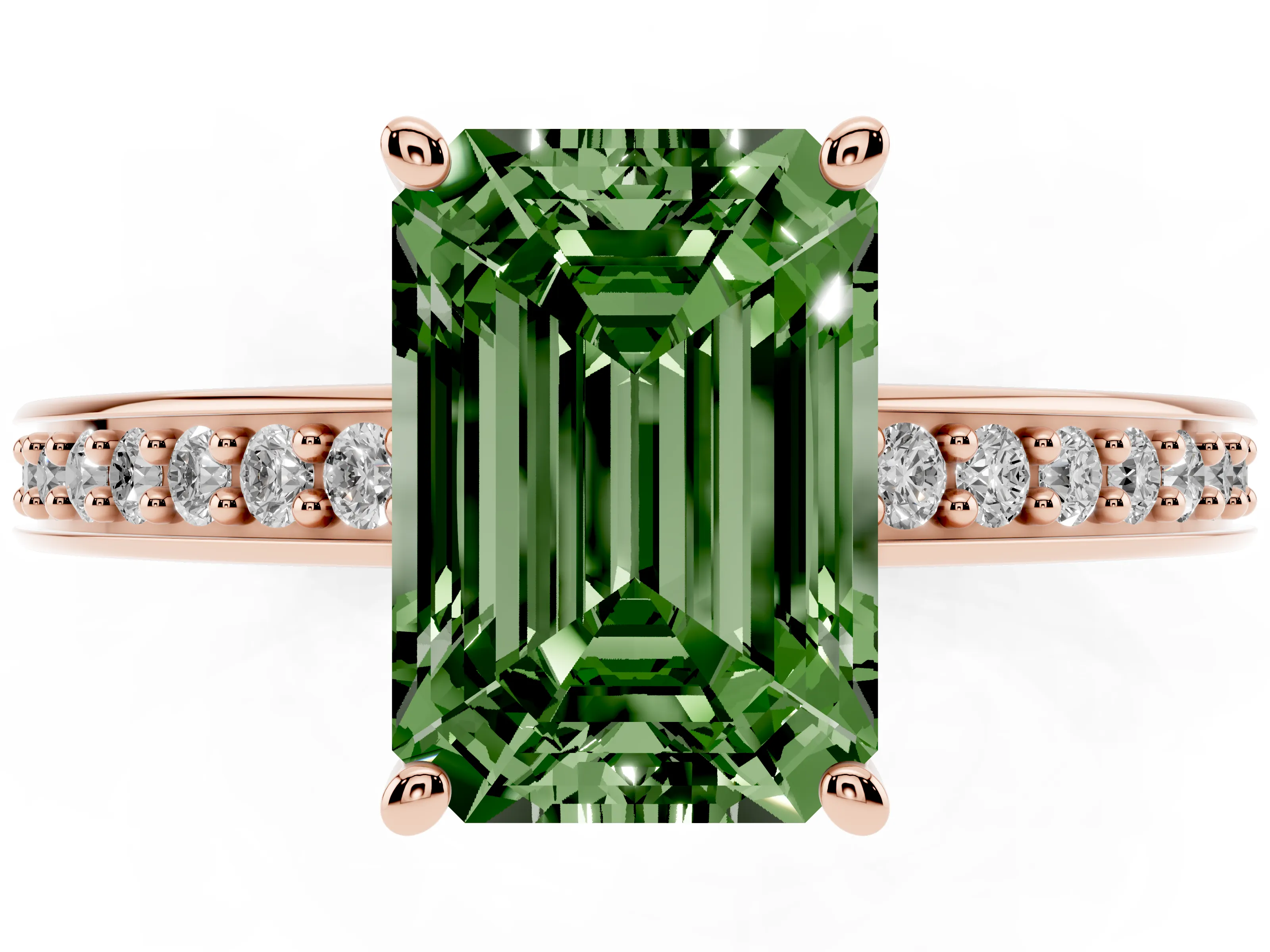 Fancy Green Emerald Cut Diamond Pavé Band Prong Set Solitaire Ring Set in Rose gold