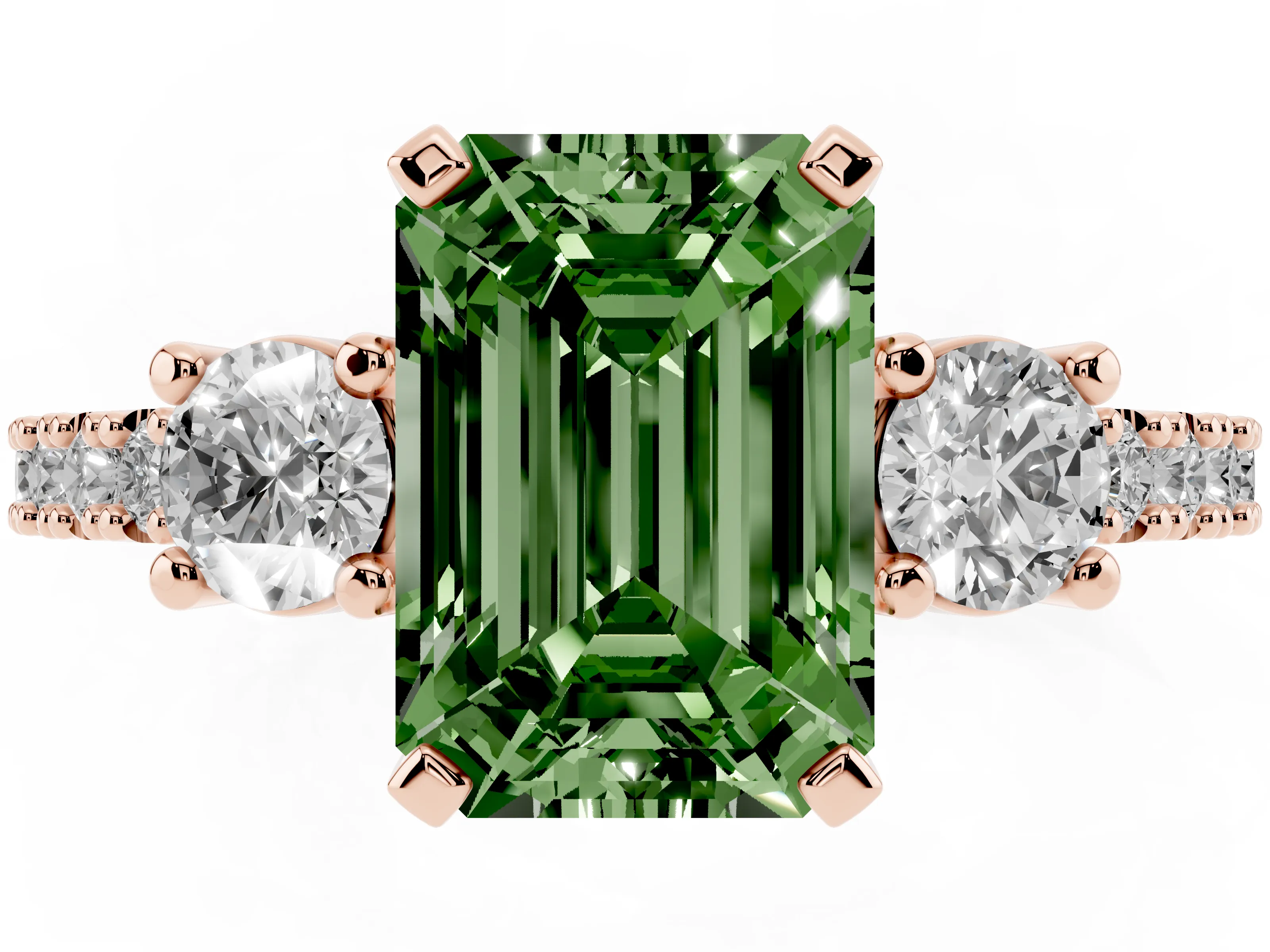 Fancy Green Three-Stone Emerald Cut Diamond Pavé Band Ring Set in Rose gold with Prong Setting