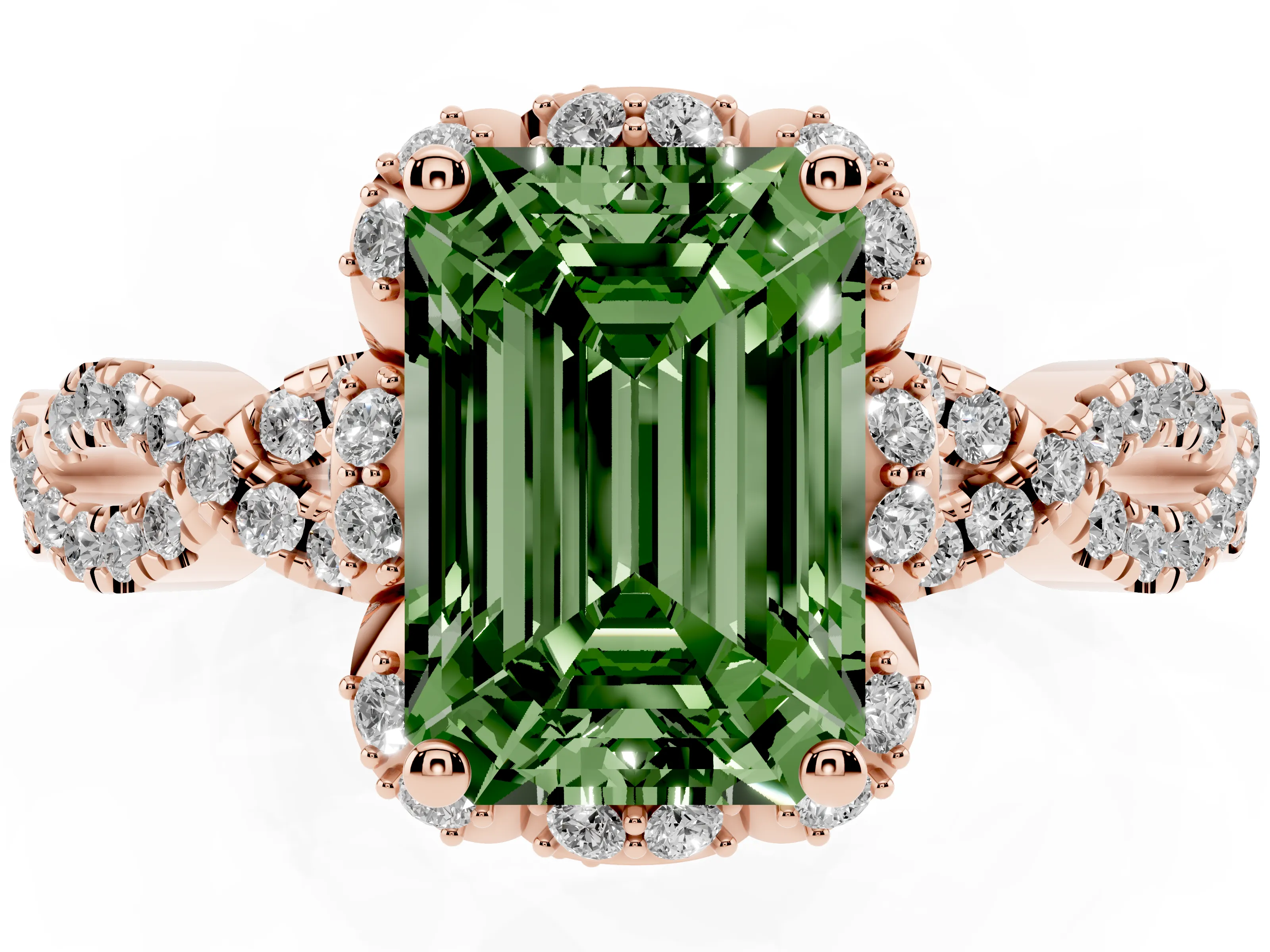 Fancy Green Emerald Cut Diamond Halo Twist Band Solitaire Ring Set in Rose gold with Prong-Set Center Stone