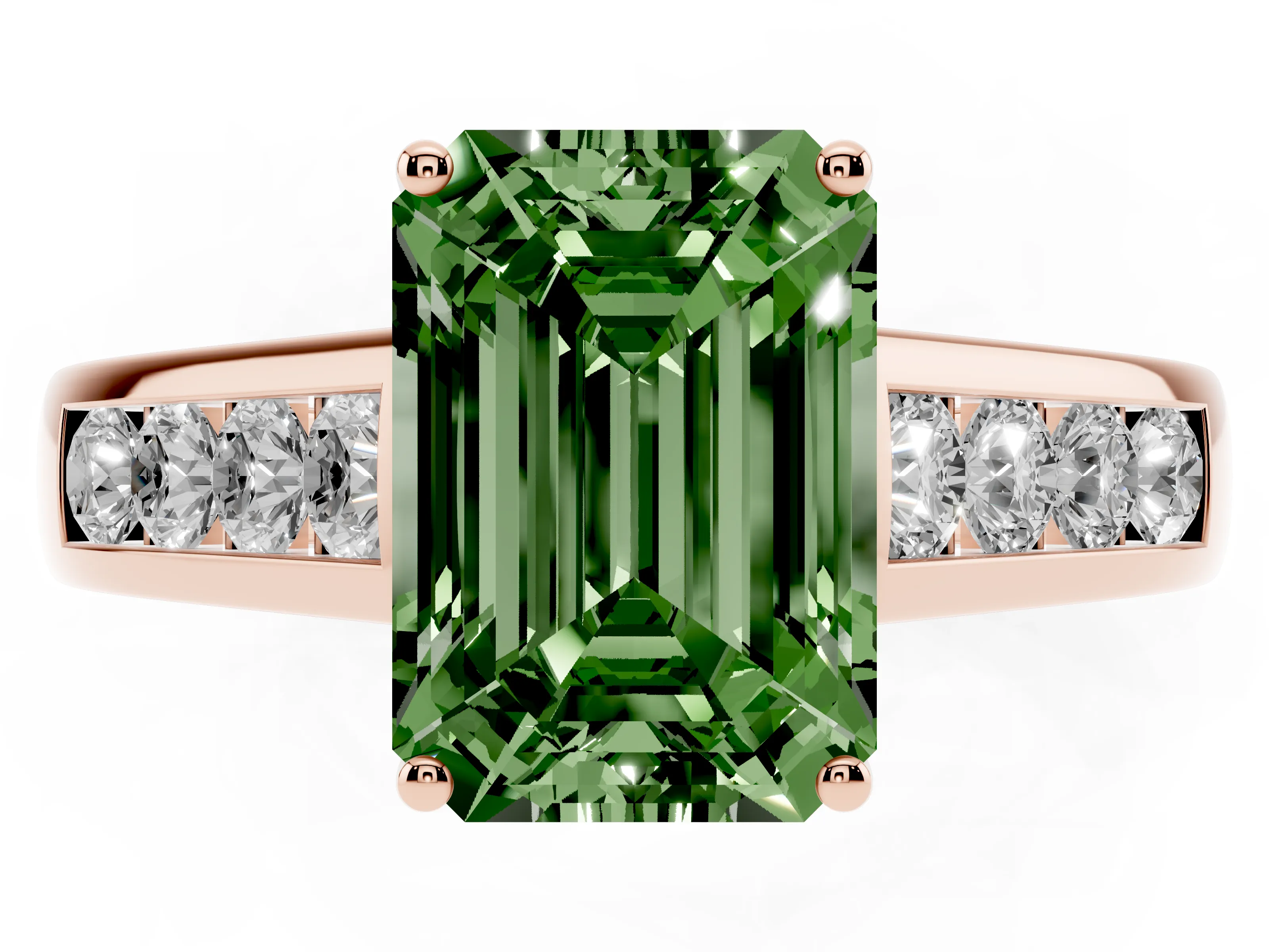 Fancy Green Emerald Cut Diamond Brilliant Channel-Set Solitaire Ring Set in Rose gold with Prong Setting