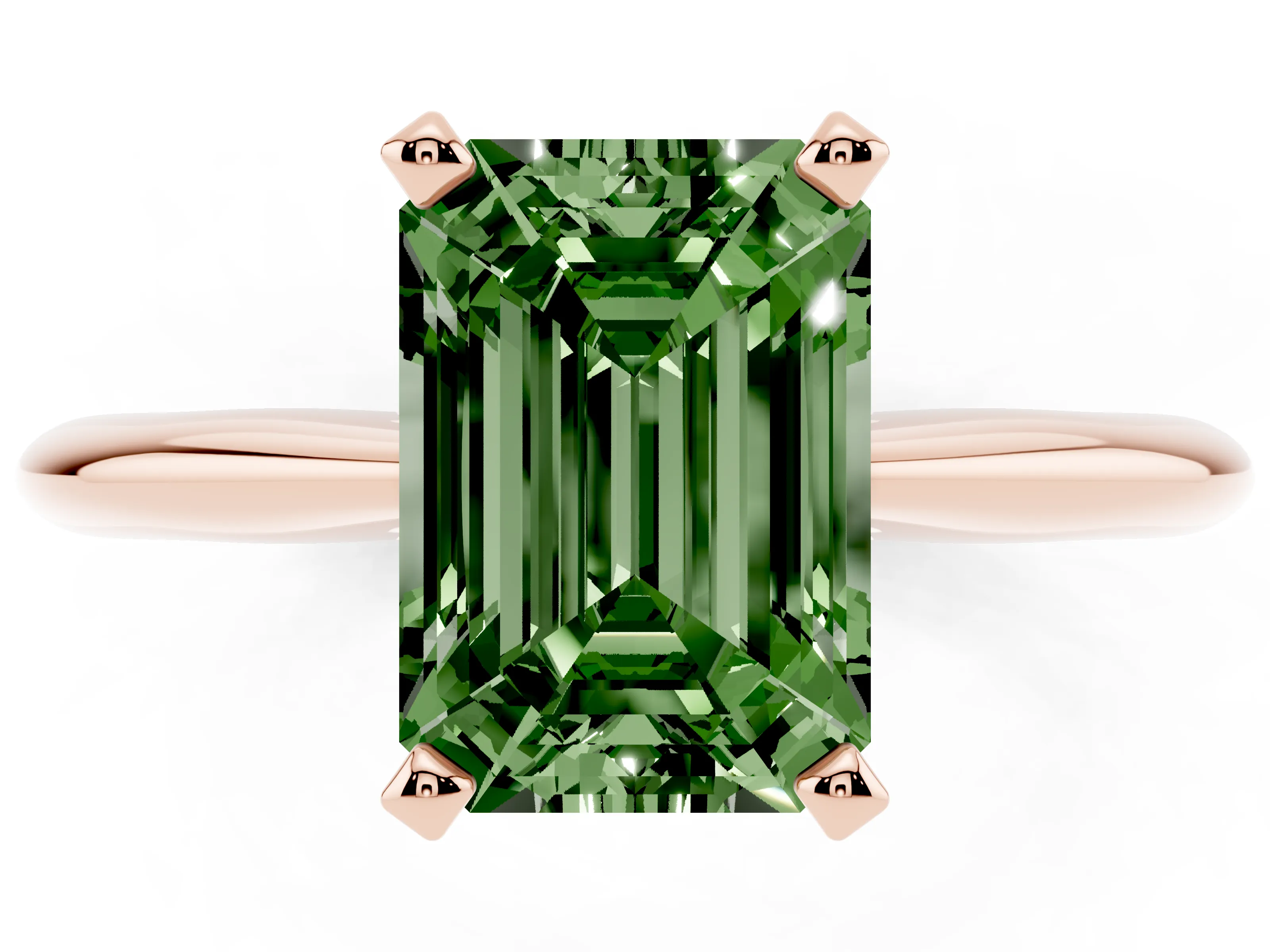 Fancy Green Emerald Cut Diamond Solitaire Ring Set in Rose gold with Prong Setting on a Plain Round Band