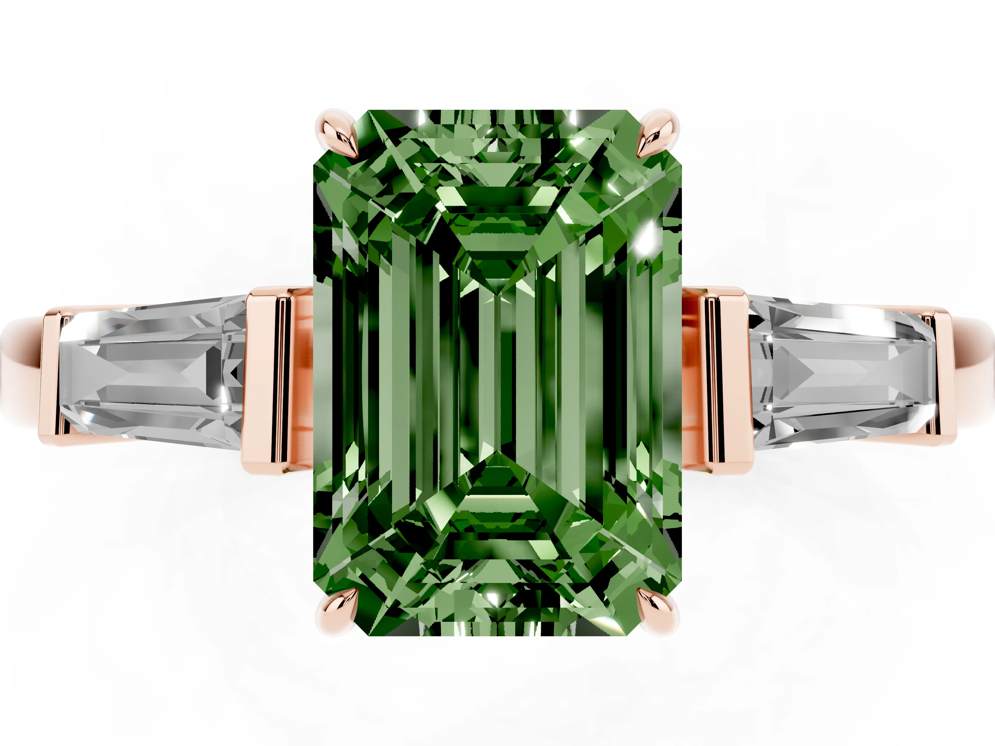 Fancy Green Emerald Cut Diamond Three-Stone Ring Set in Rose gold with Tapered Baguette Side Stones and Prong Setting