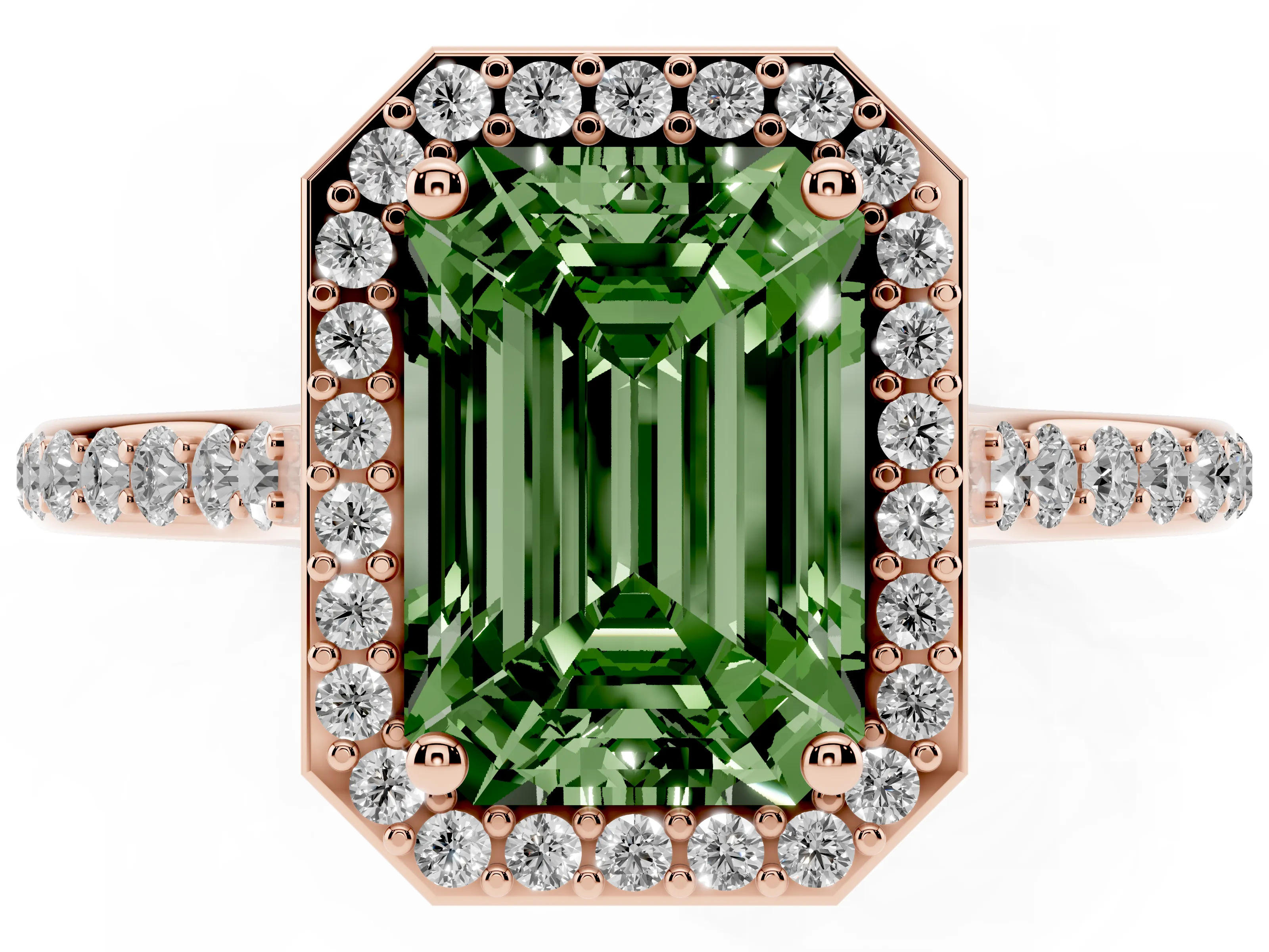 Fancy Green Emerald Cut Diamond Halo Engagement Ring Set in Rose gold with Round Pavé Shoulders and Heart Gallery