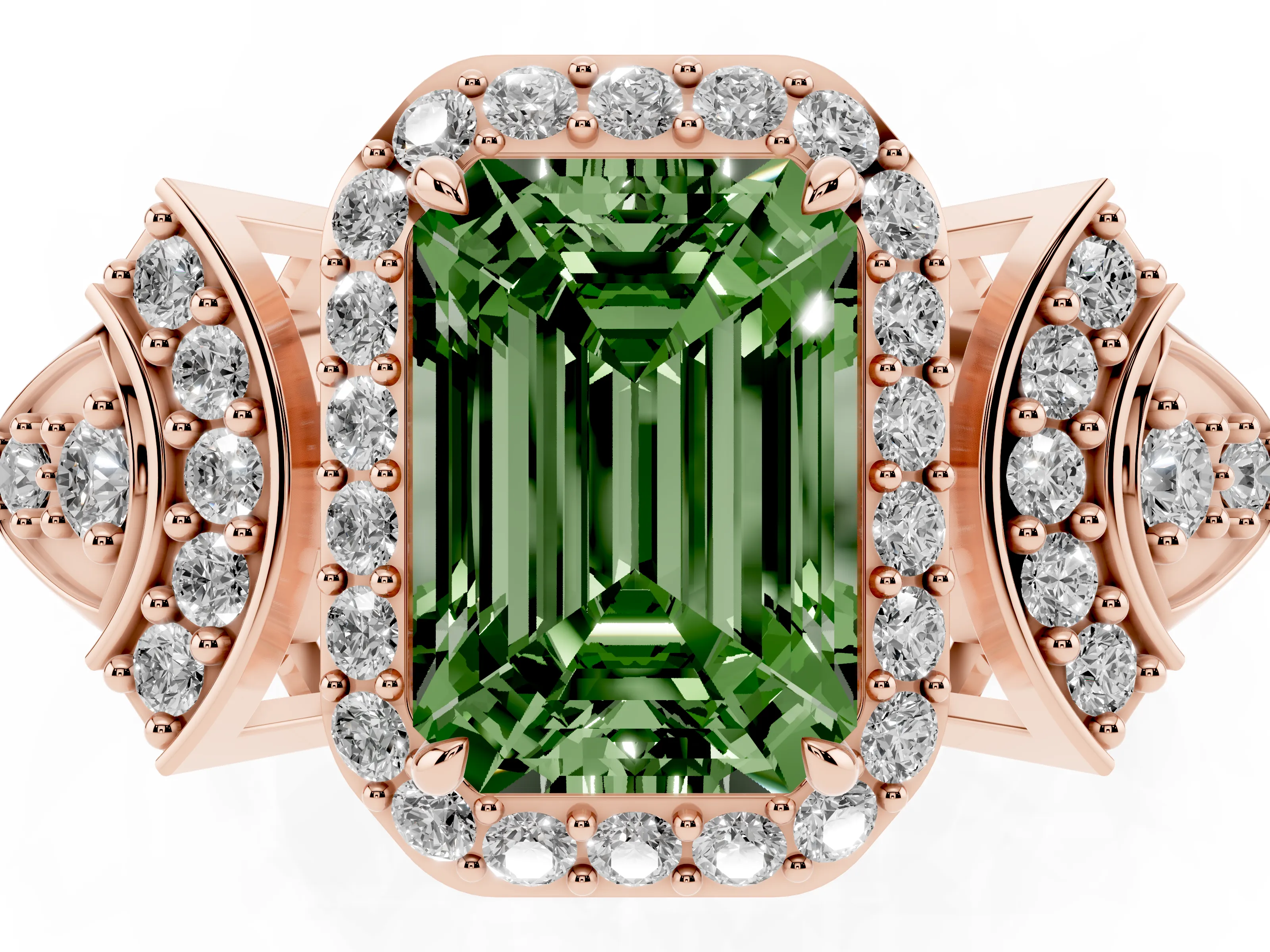 Fancy Green Emerald Cut Diamond Halo Engagement Ring Set in Rose gold with Accent Stone Split Shank