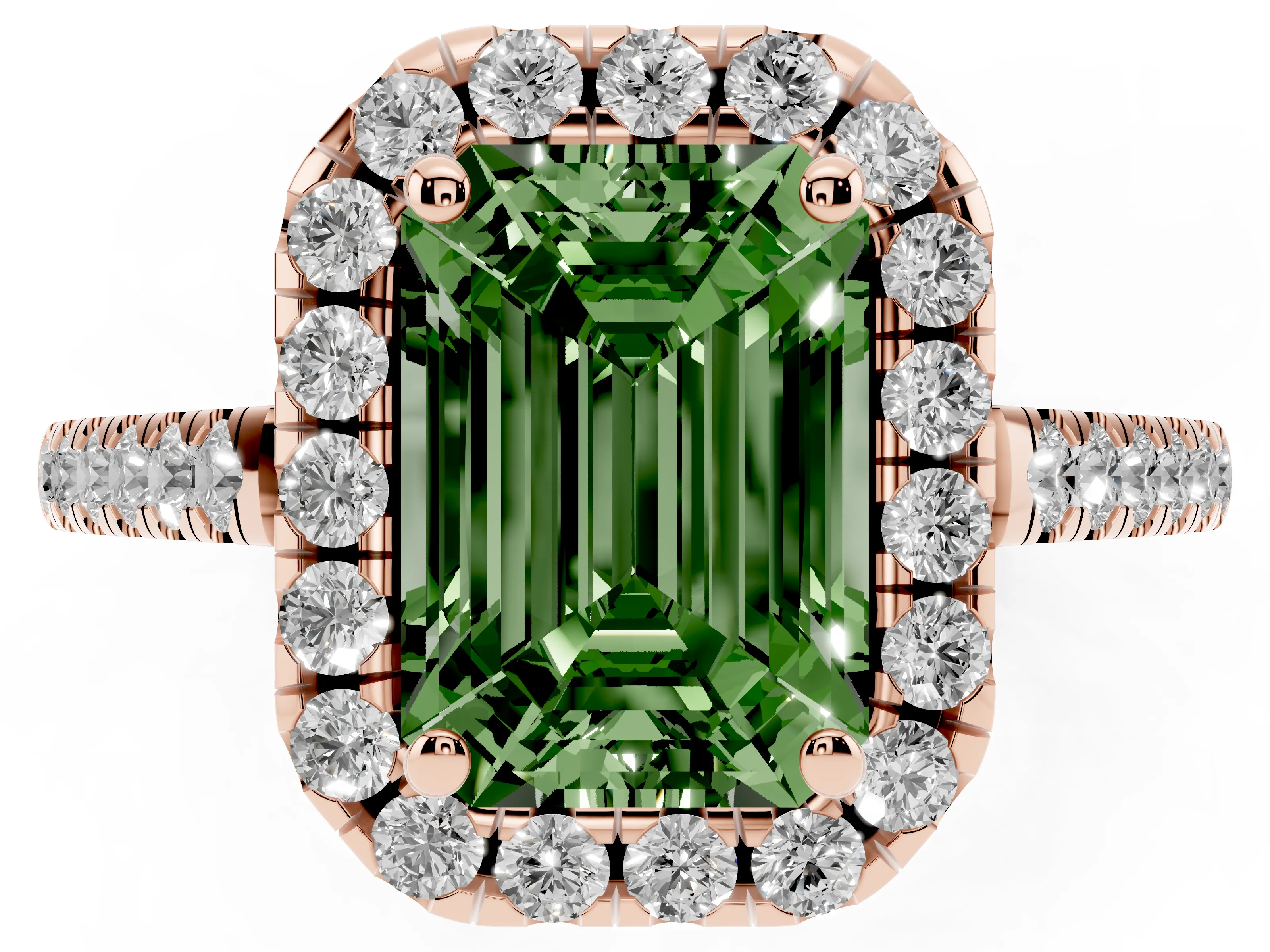 Fancy Green Emerald Cut Diamond Pavé Halo Engagement Ring Set in Rose gold with Pavé Band and Prong Setting