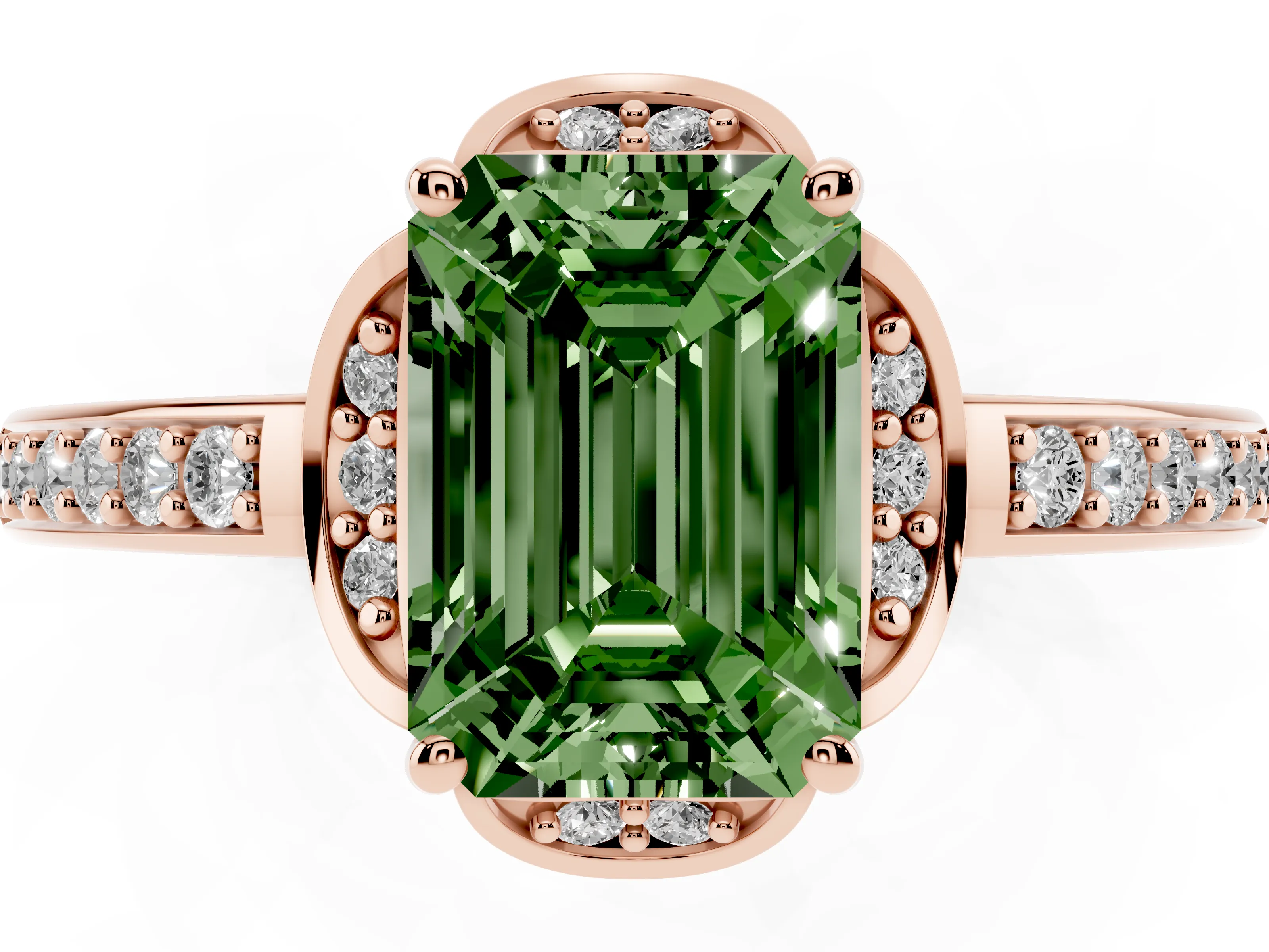 Fancy Green Emerald Cut Diamond Halo Ring Set in Rose gold with Channel Set Band and Prong Setting