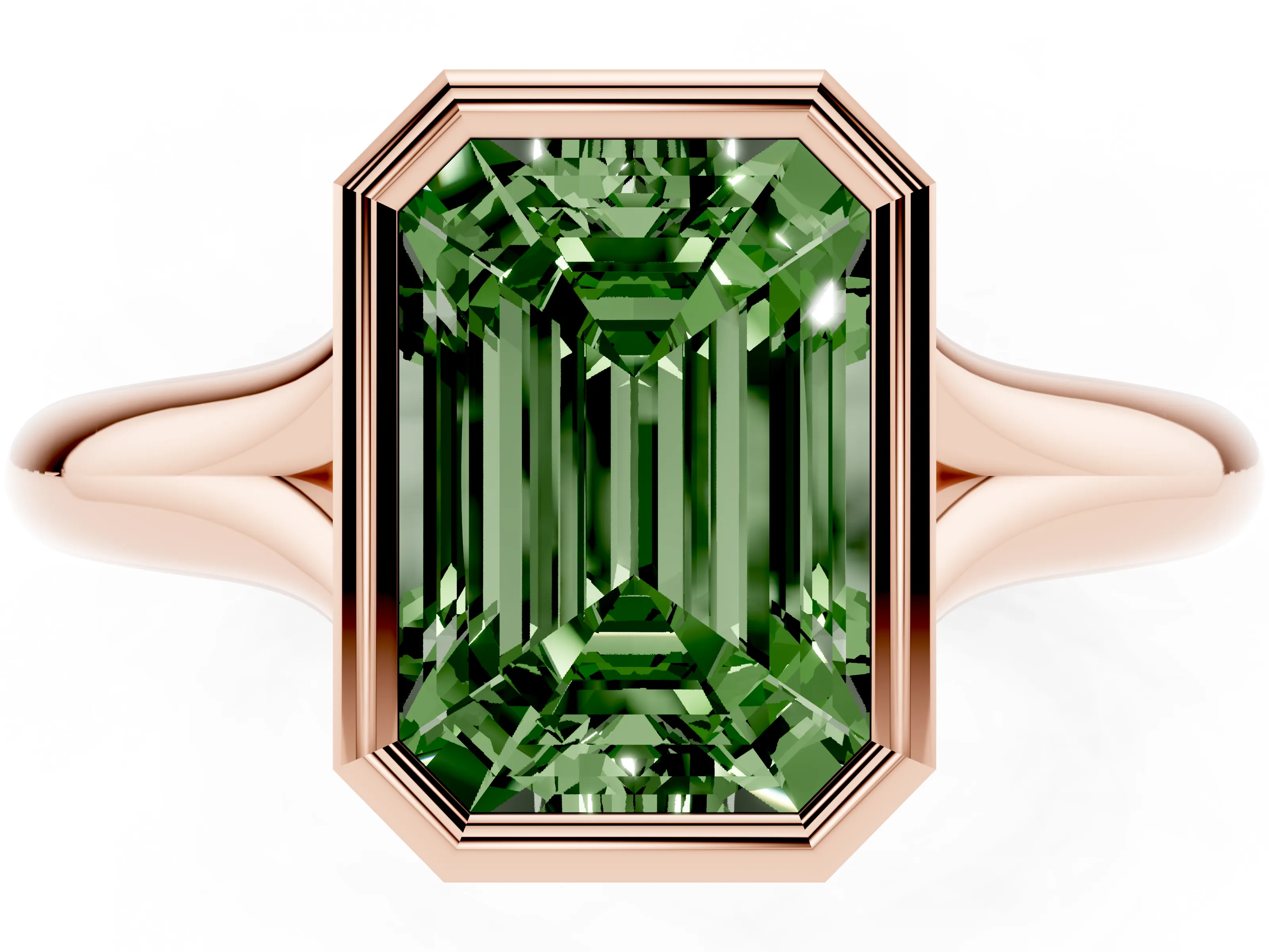 Fancy Green Bezel Set Emerald Cut Diamond Solitaire Ring Set in Rose gold with Smooth Band