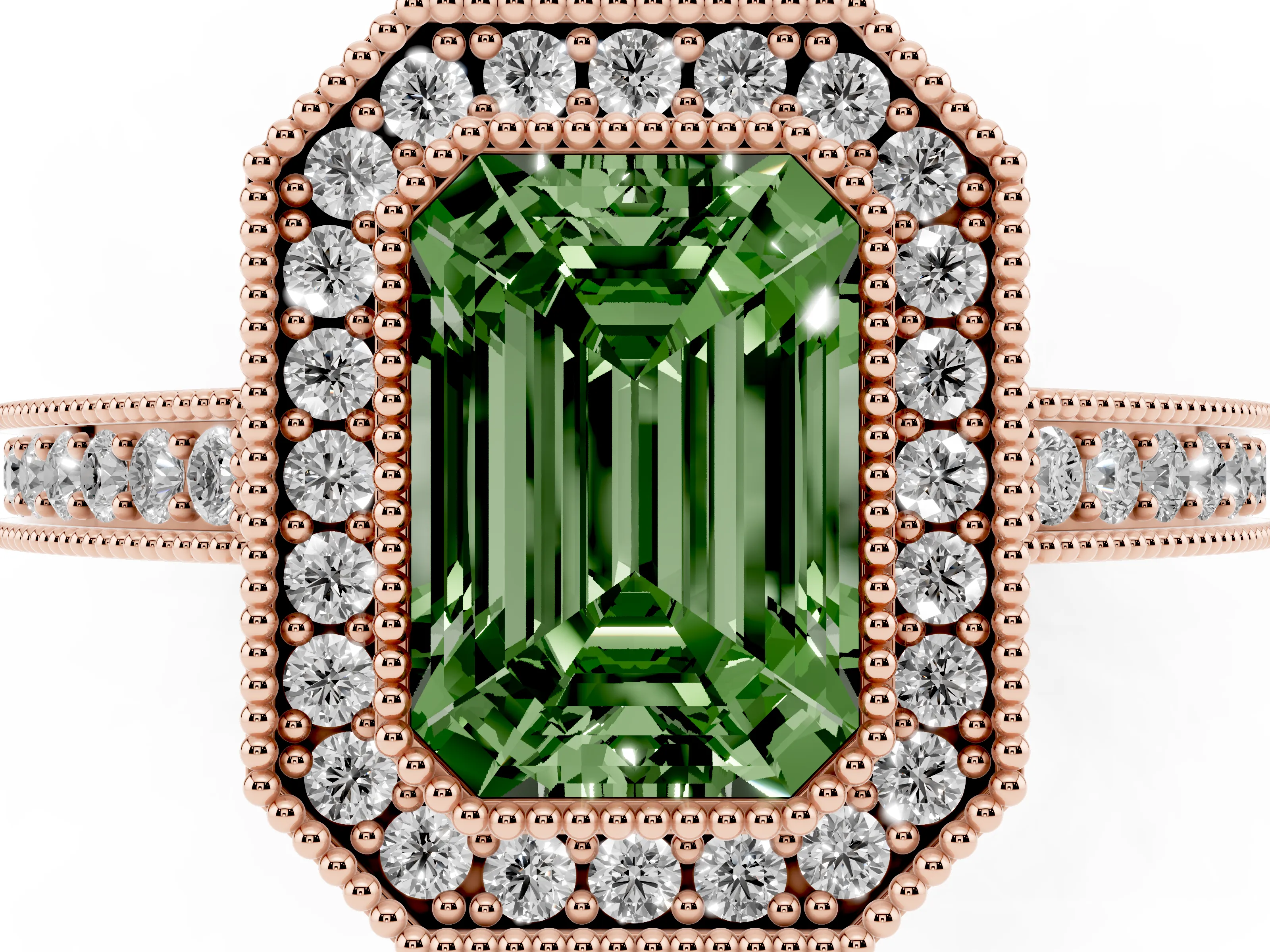 Fancy Green Emerald Cut Diamond Round Halo Ring Set in Rose gold with Pavé Band