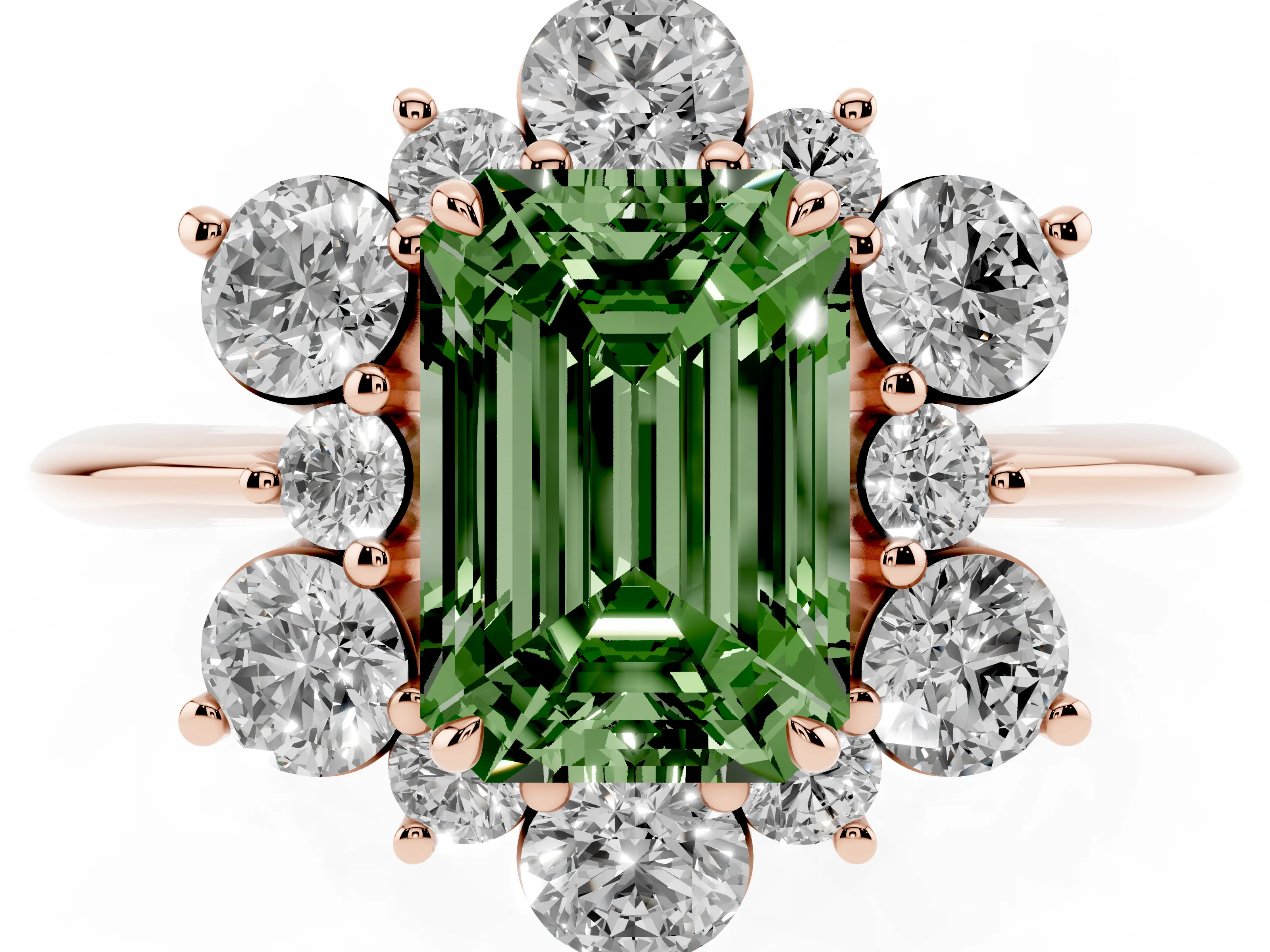 Fancy Green Emerald Cut Diamond Cluster Halo Ring Set in Rose gold with Solitaire Band and Prong Setting