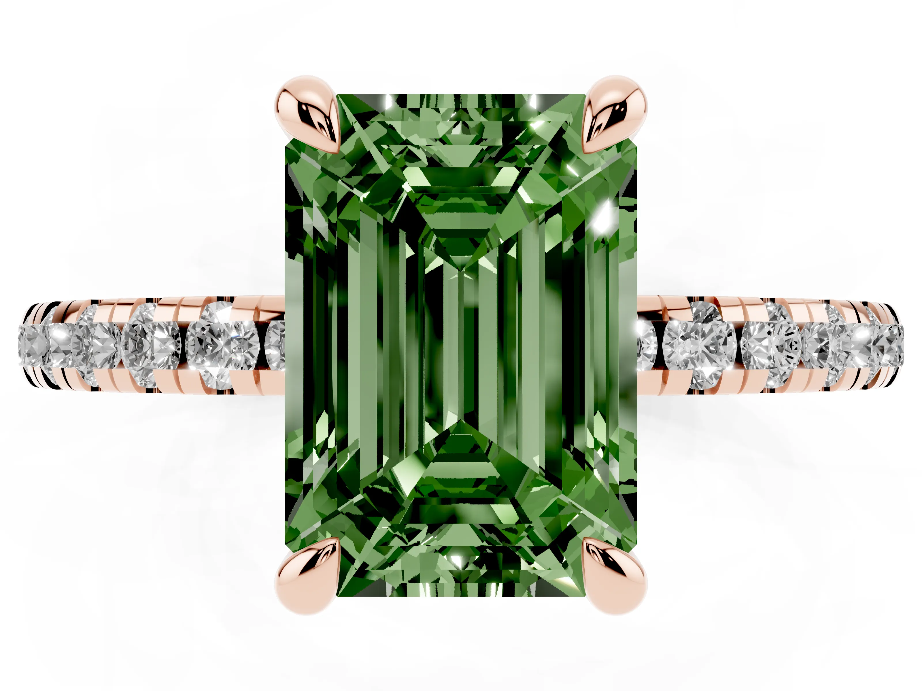 Fancy Green Emerald Cut Diamond Brilliant Solitaire Ring Set in Rose gold with Pavé Band and Prong Setting