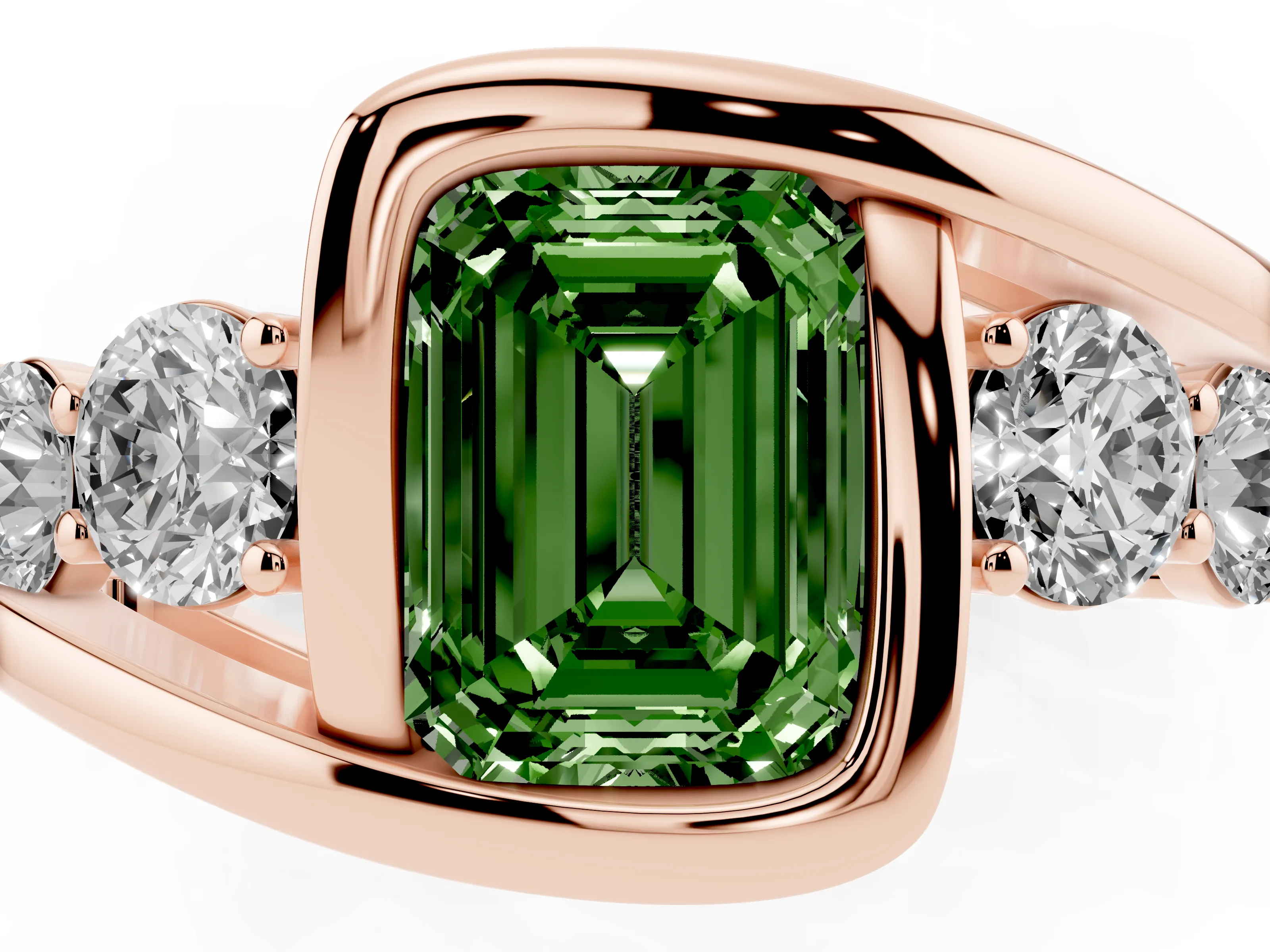 Fancy Green Emerald Cut Diamond Bezel Bypass Ring Set in Rose gold with Round Accents