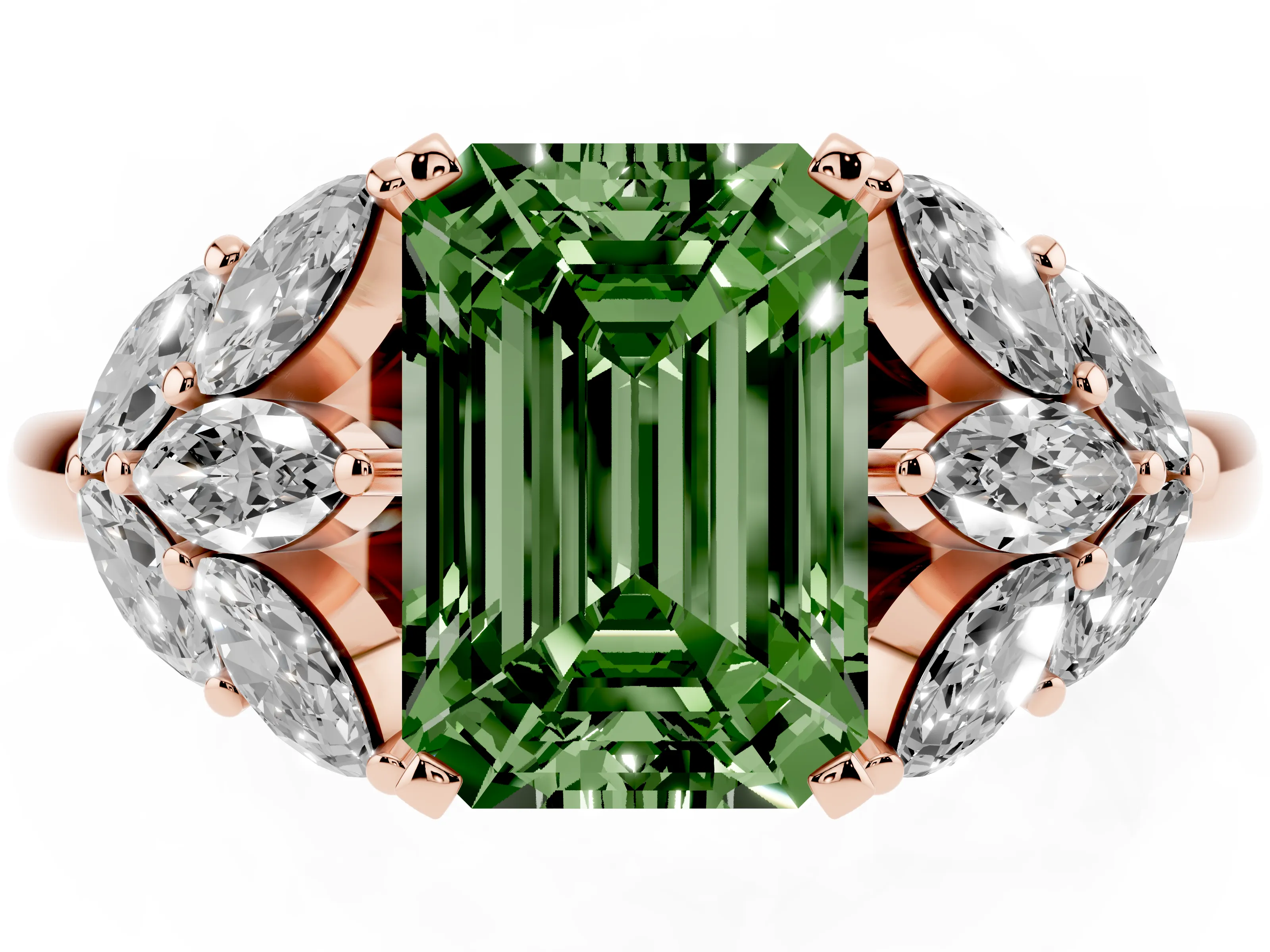 Fancy Green Emerald Cut Diamond Cluster Leaf Design Ring Set in Rose gold with Prong Setting