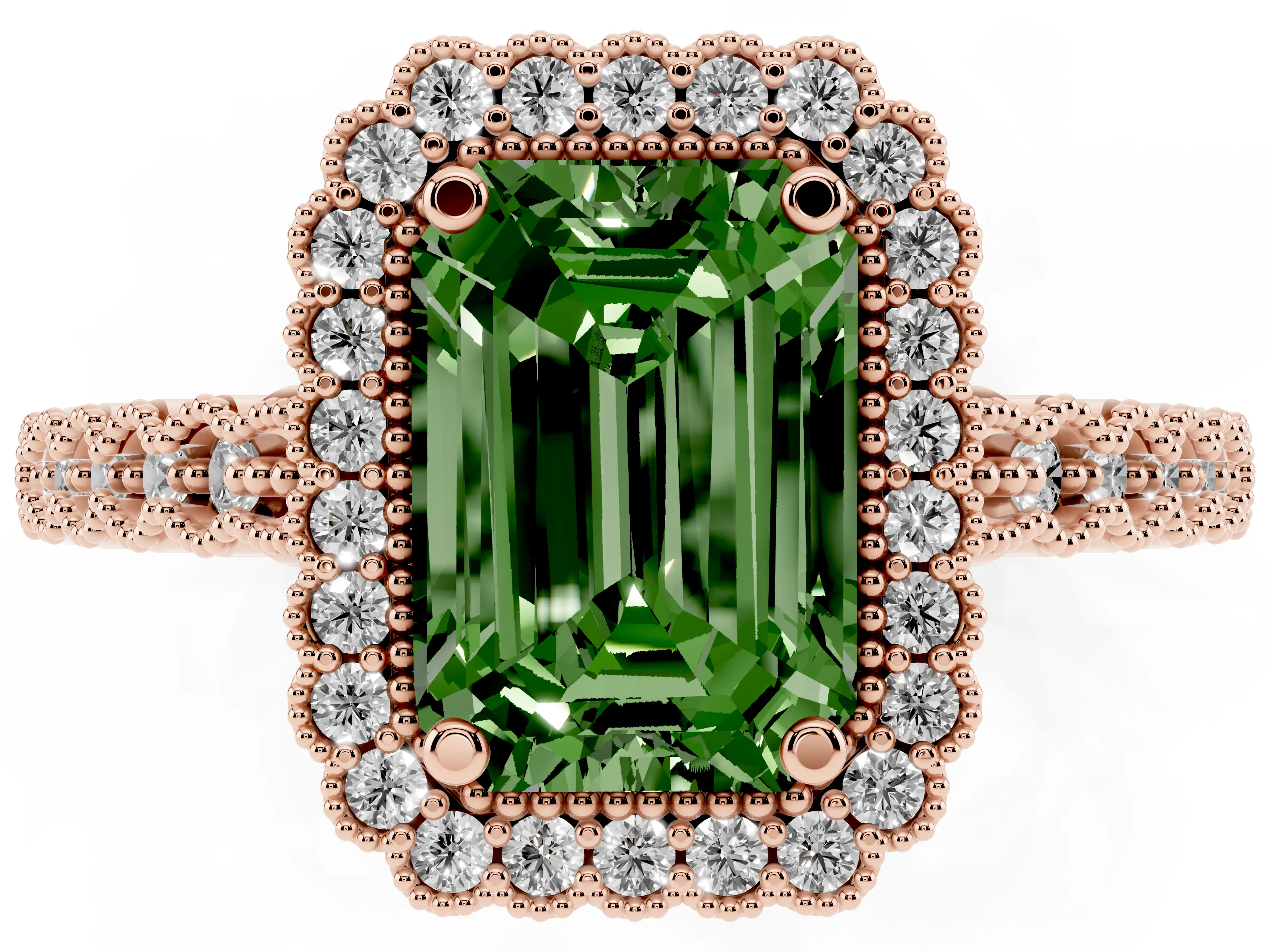 Fancy Green Emerald Cut Diamond Halo Ring Set in Rose gold with Pavé Milgrain Band