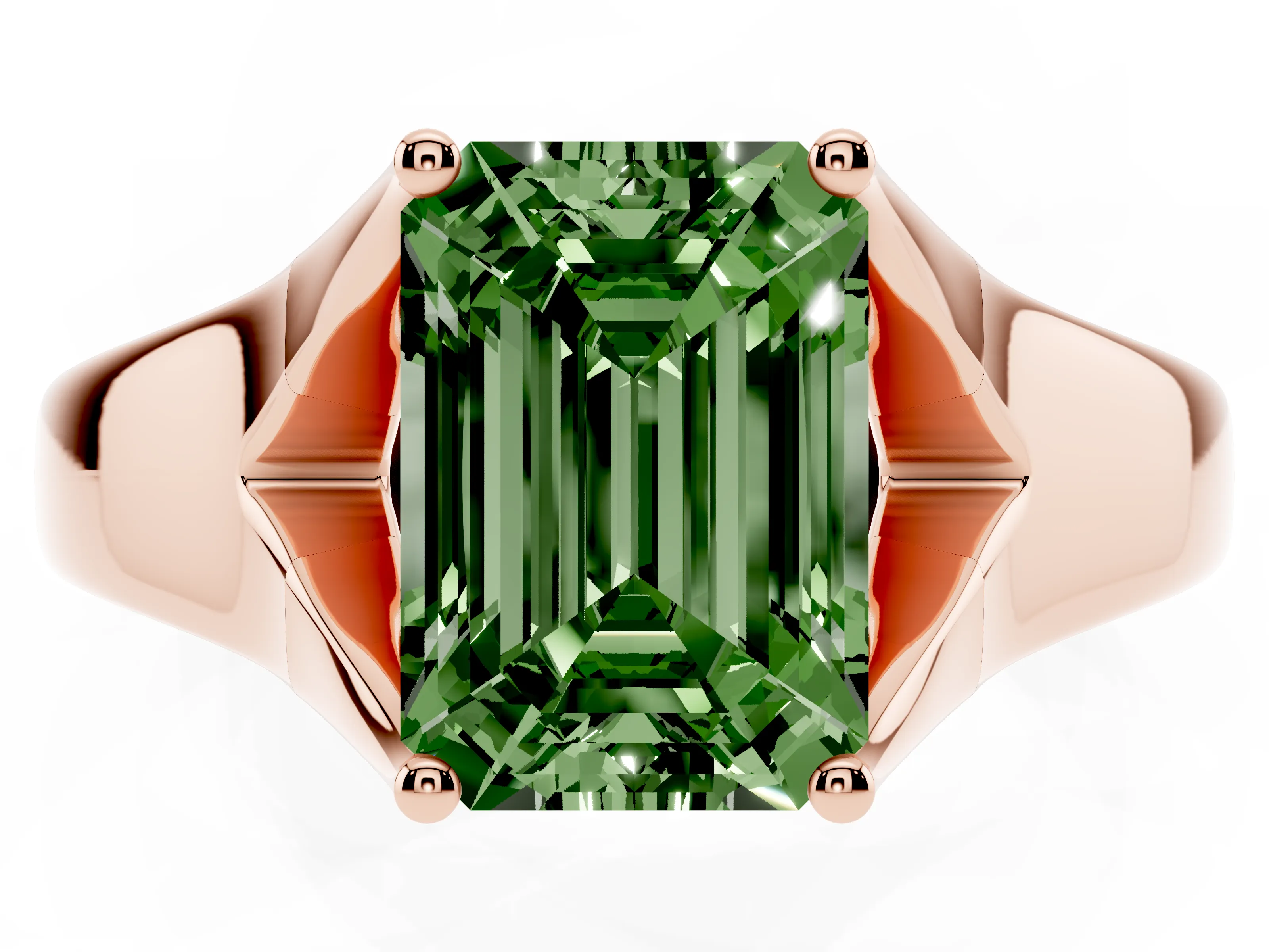 Fancy Green Emerald Cut Diamond Solitaire Ring Set in Rose gold with Arched Cathedral Band and Prong Setting
