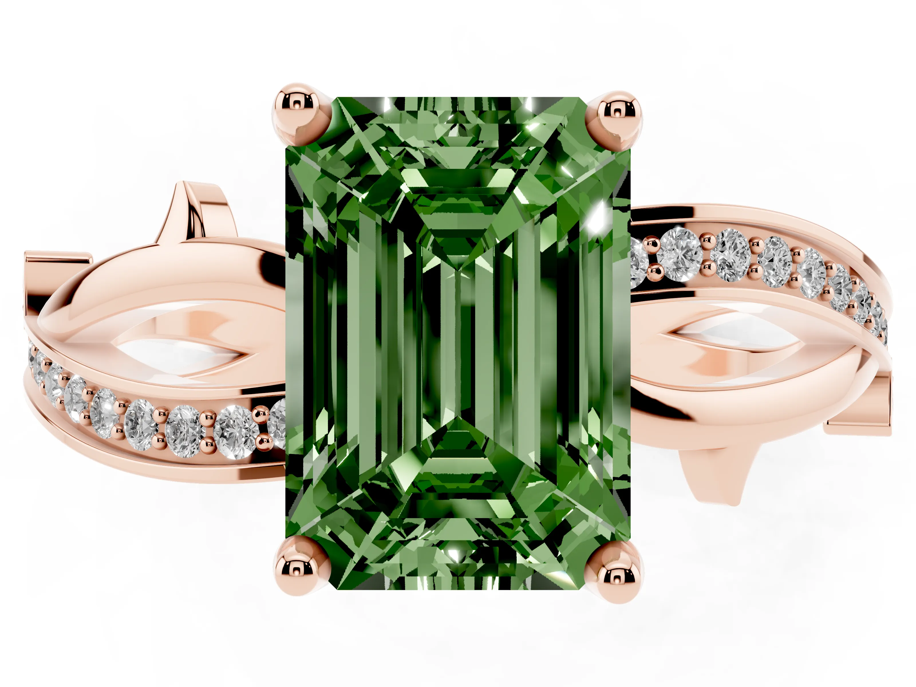 Fancy Green Emerald Cut Diamond Pavé Twist Band Solitaire Ring Set in Rose gold with Prong Setting