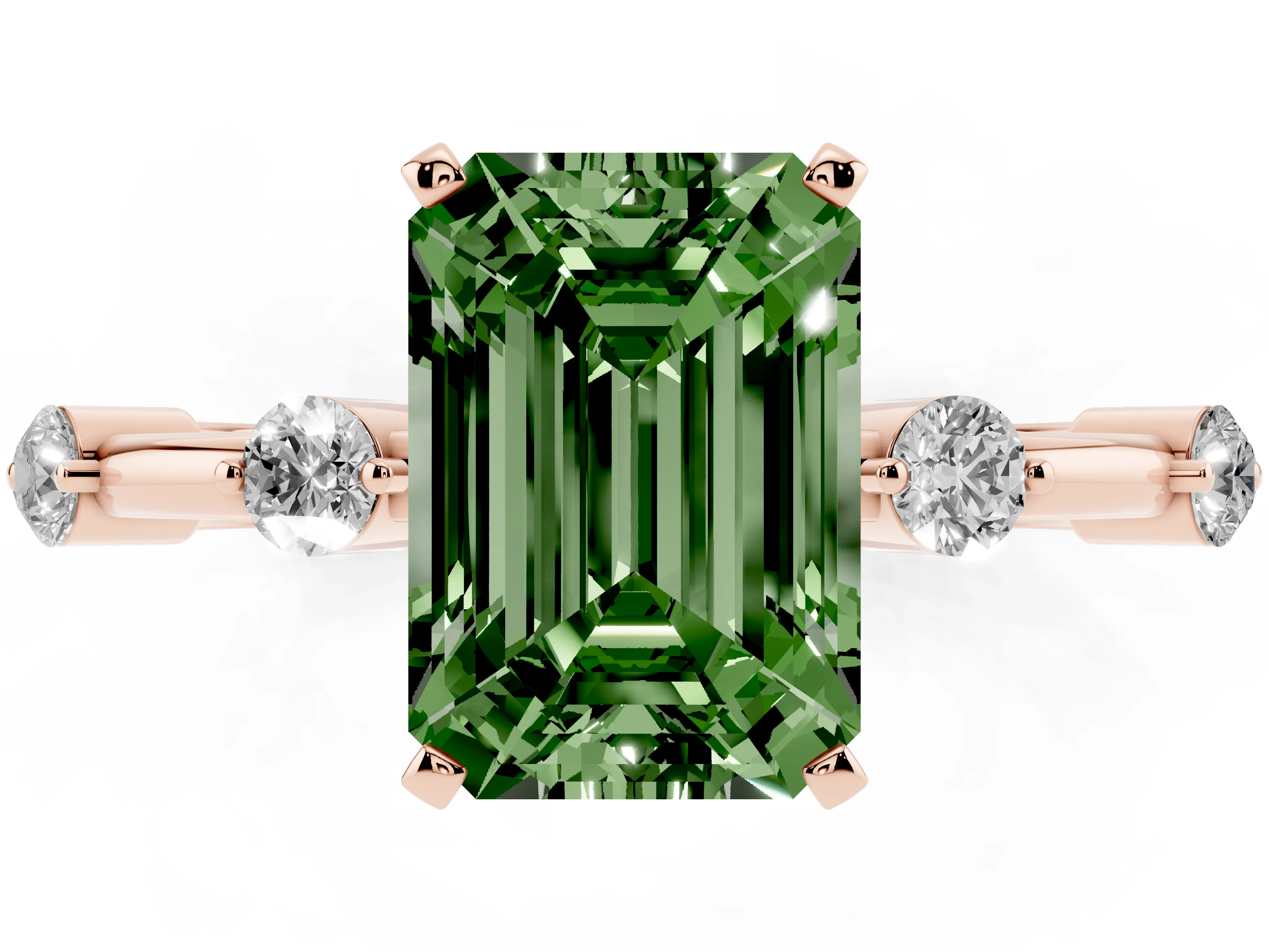 Fancy Green Emerald Cut Diamond Solitaire Ring Set in Rose gold with Bezel Set Side Stones and Prong Setting