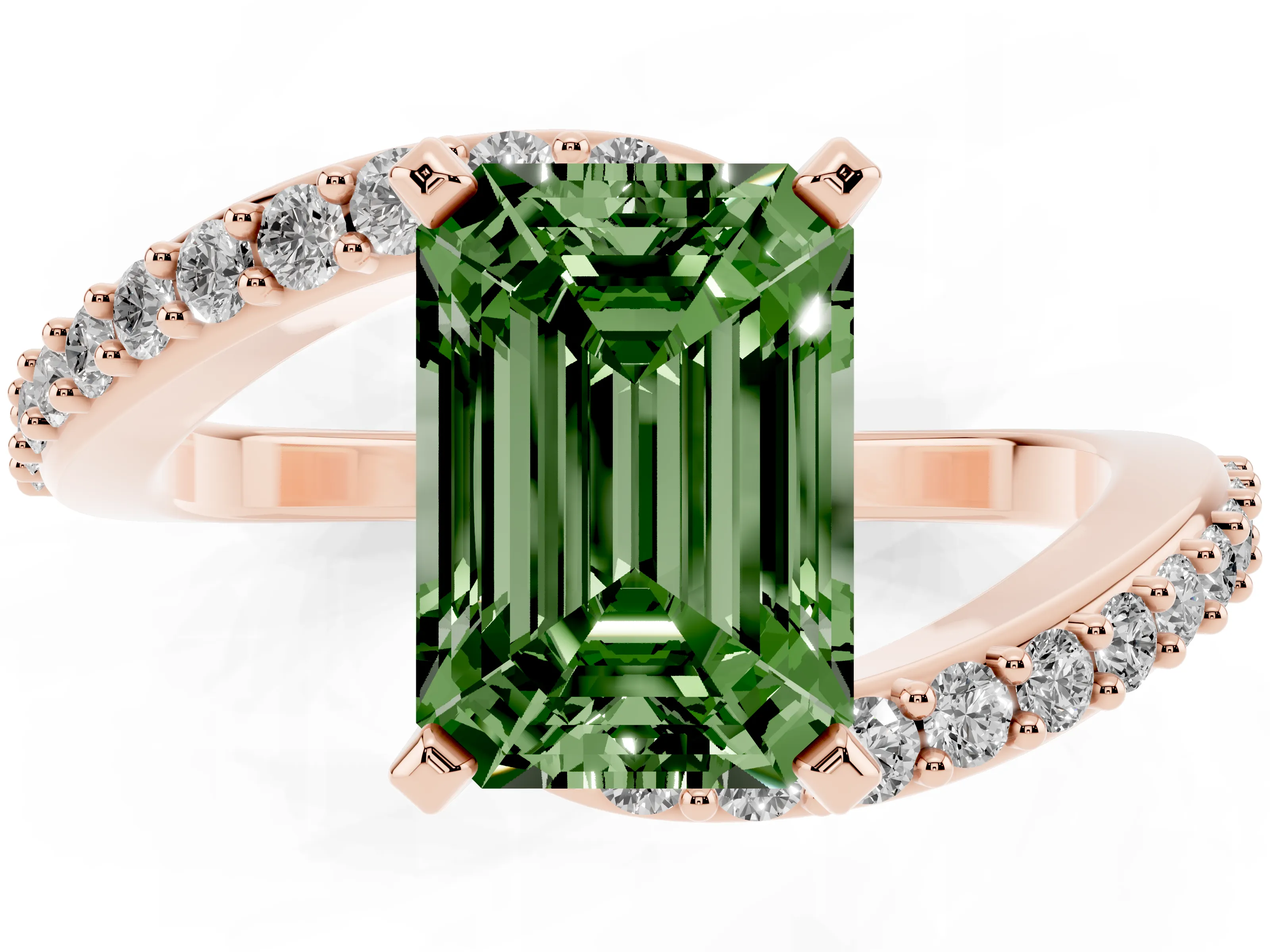 Fancy Green Emerald Cut Diamond Solitaire Ring Set in Rose gold with Pavé Twist Band and Prong Setting