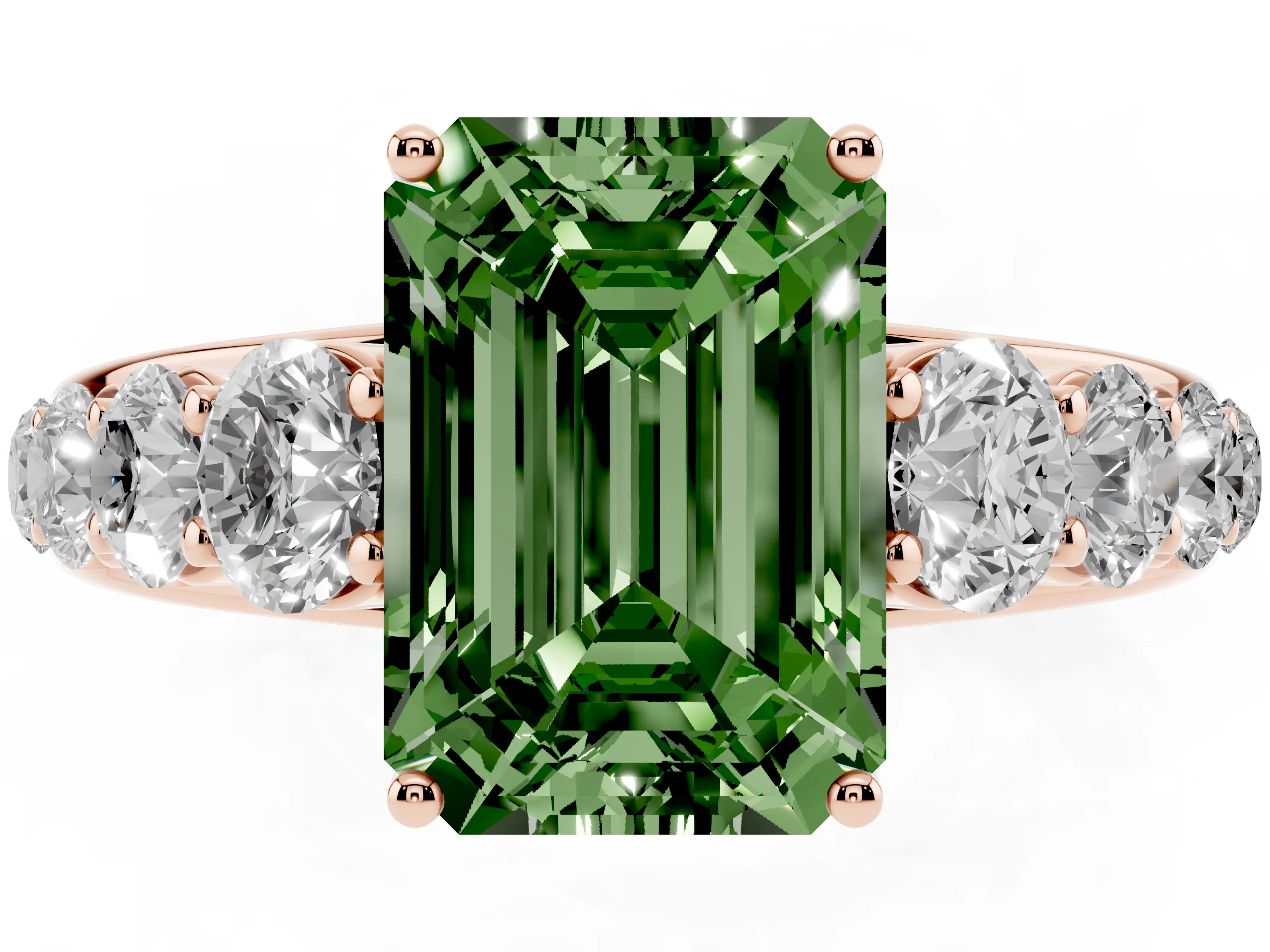 Fancy Green Emerald Cut Diamond Solitaire Ring Set in Rose gold with Pavé-Set Band and Prong Setting