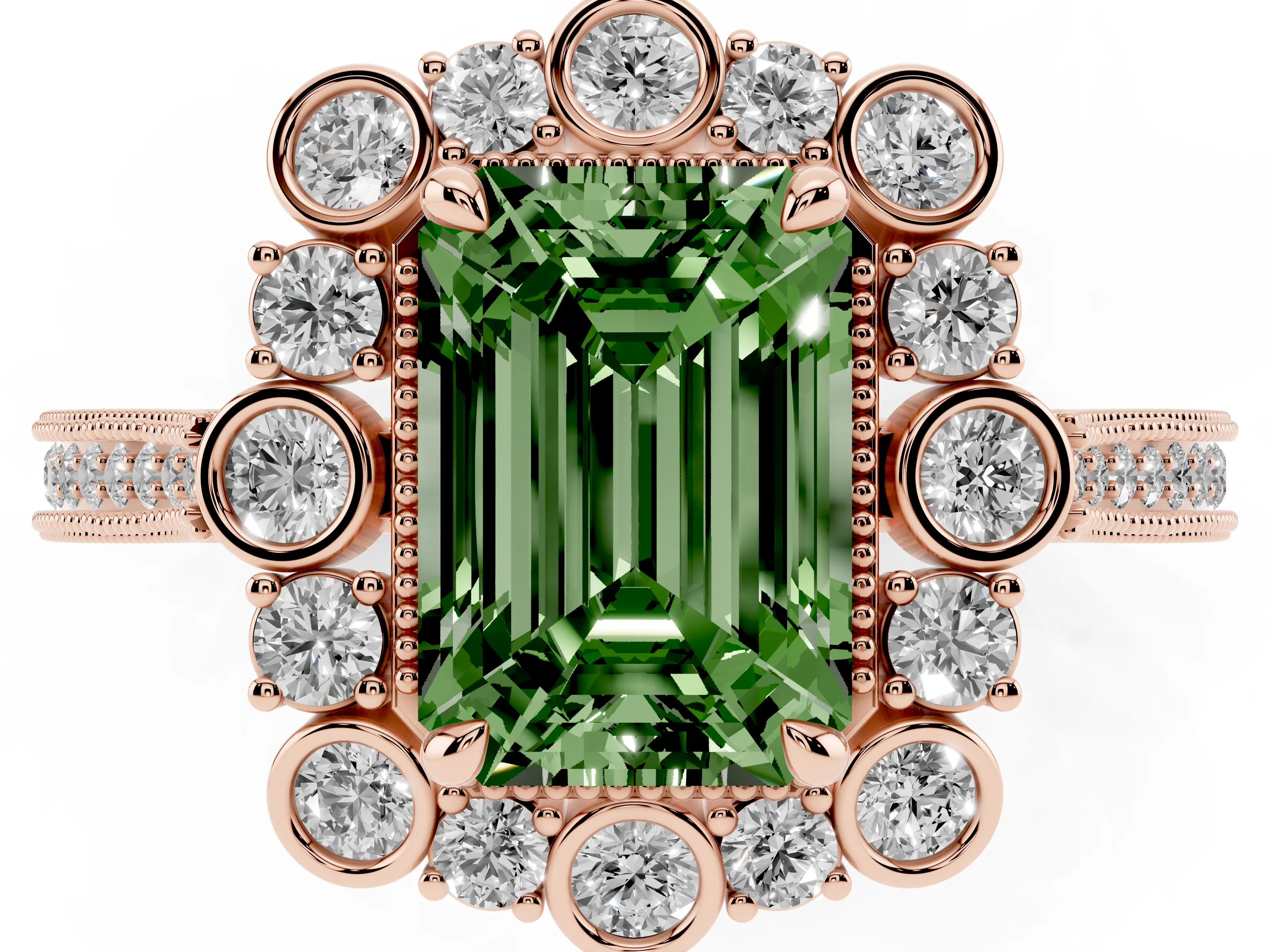 Fancy Green Emerald Cut Diamond Halo Milgrain Pavé Ring Set in Rose gold with Prong Setting