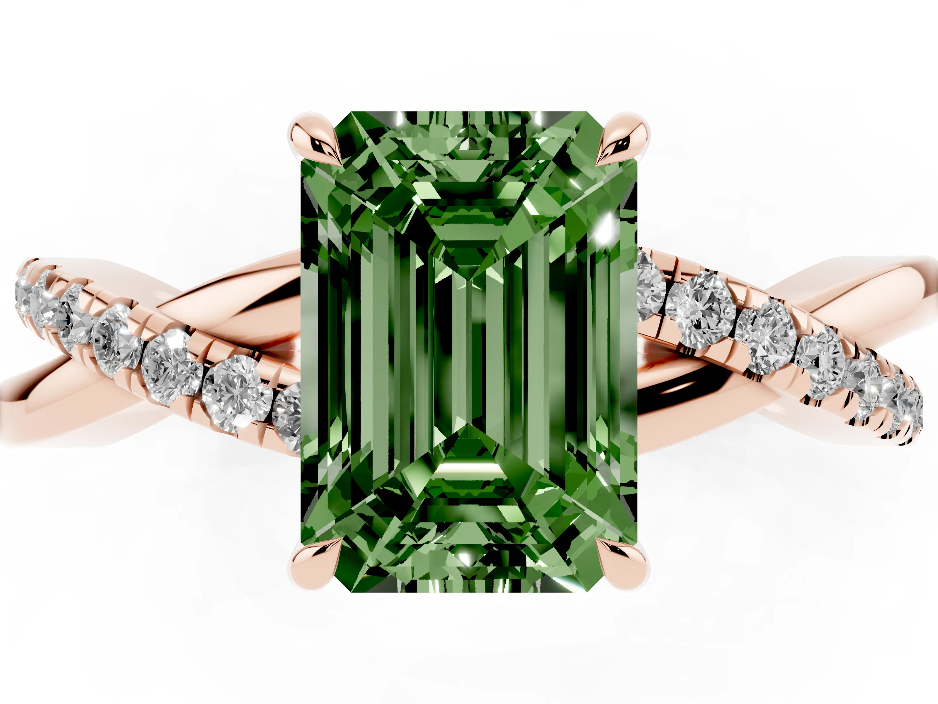 Fancy Green Emerald Cut Diamond Twisted Pavé Band Ring Set in Rose gold with Prong Setting