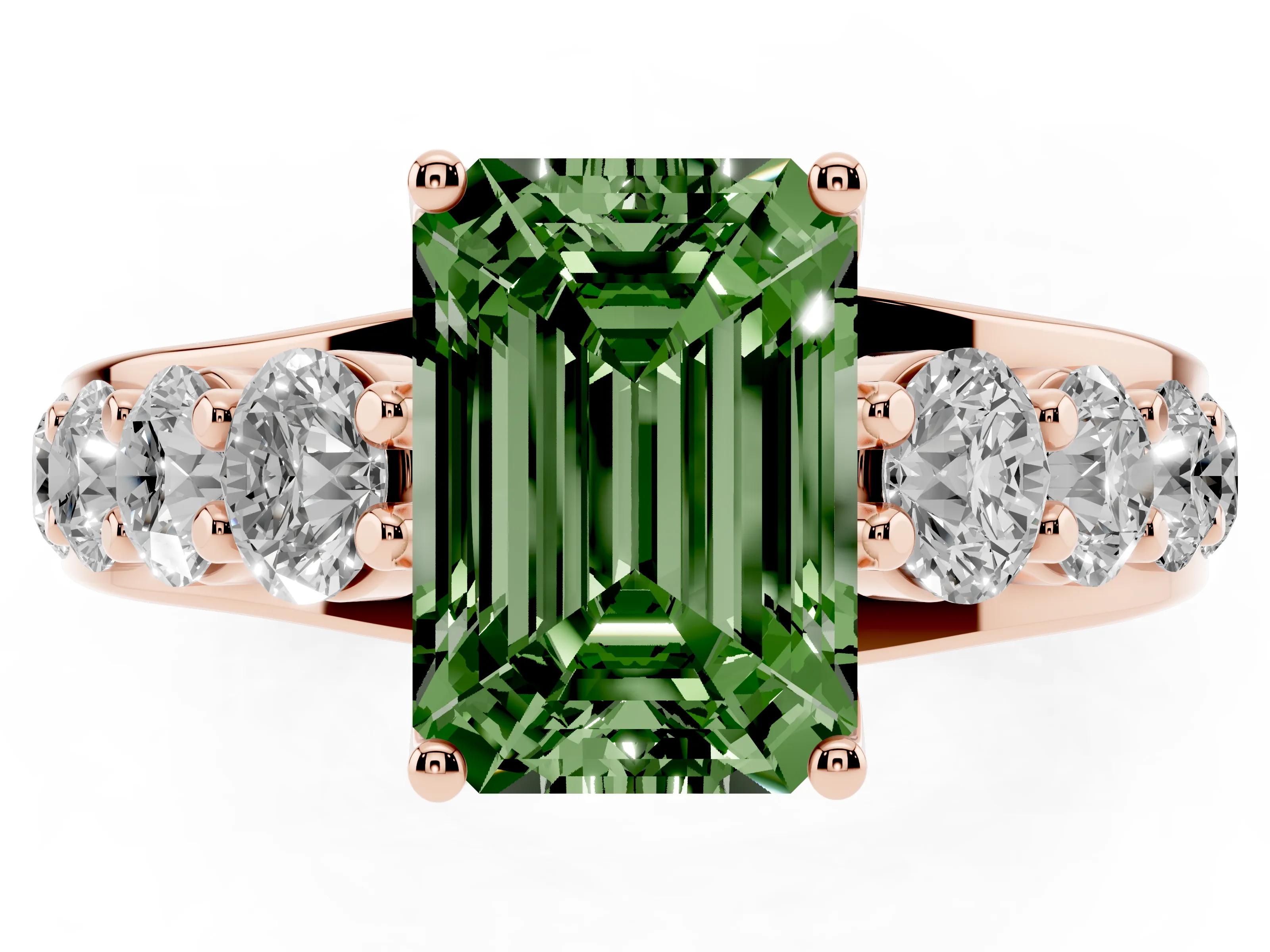 Fancy Green Emerald Cut Diamond Pavé Engagement Ring Set in Rose gold with Prong Setting