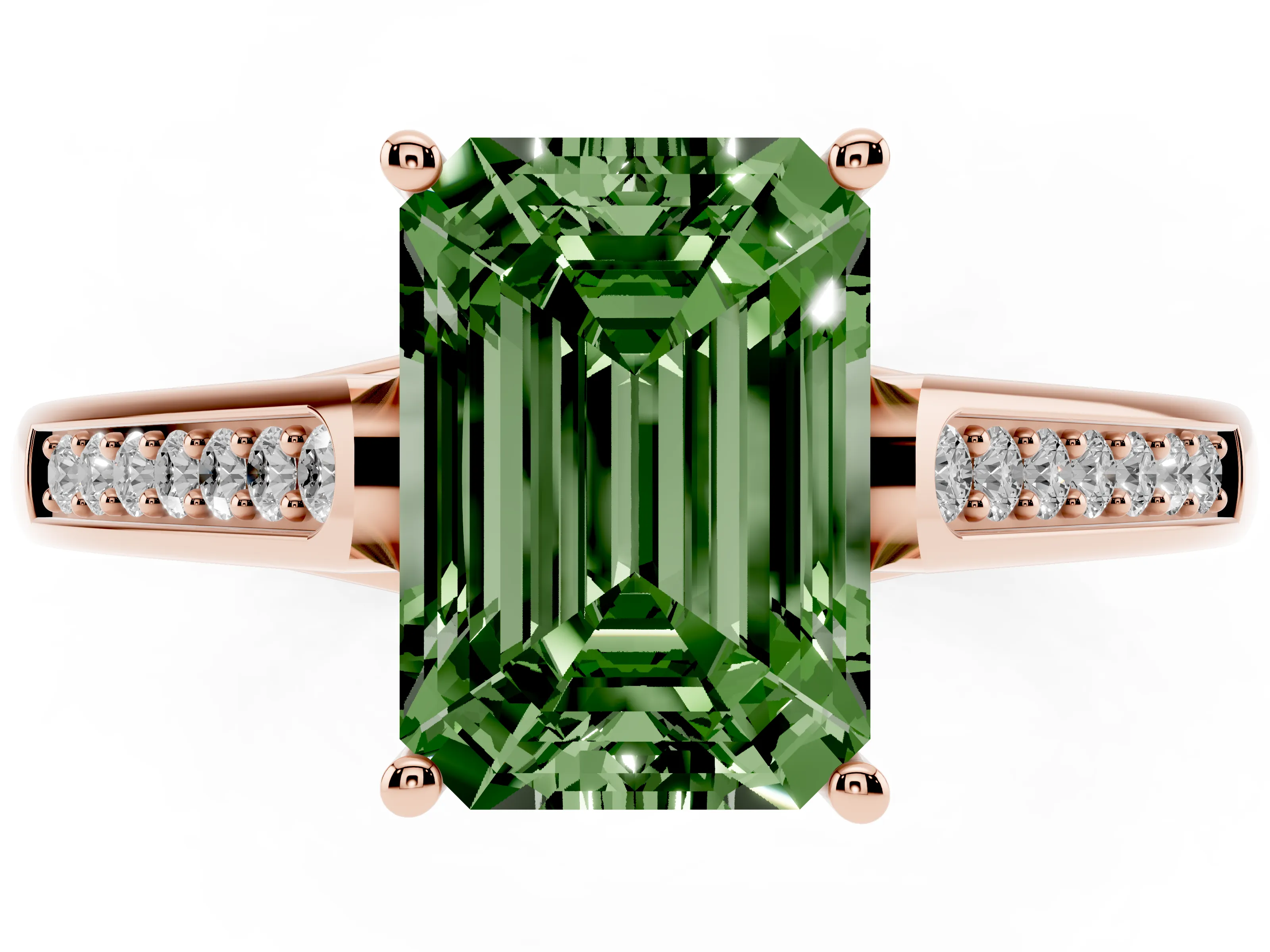 Fancy Green Emerald Cut Diamond Solitaire Cathedral Engagement Ring Set in Rose gold with Channel-Set Band and Prong Setting
