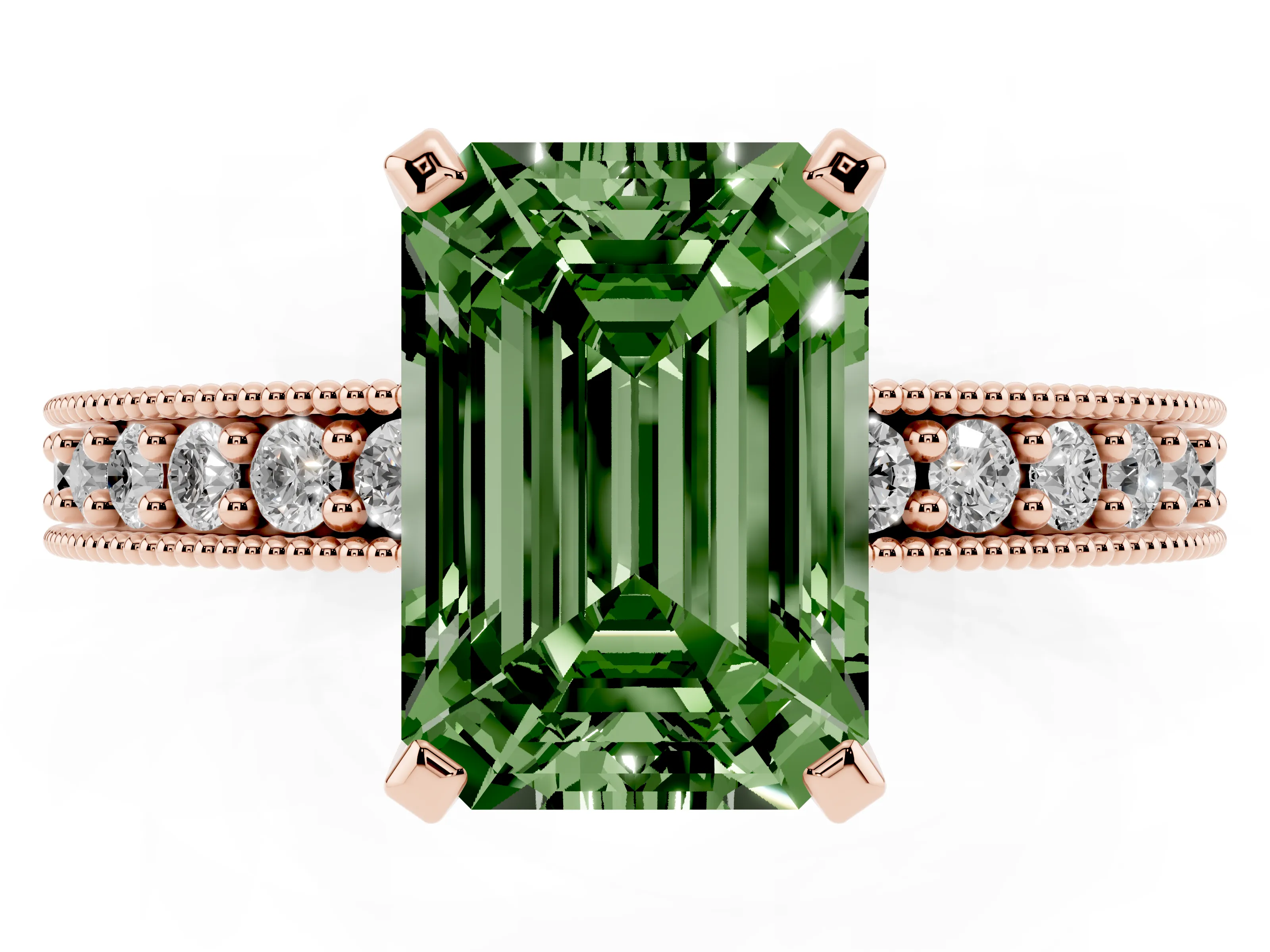Fancy Green Emerald Cut Diamond Milgrain Pavé Engagement Ring Set in Rose gold with Prong Setting