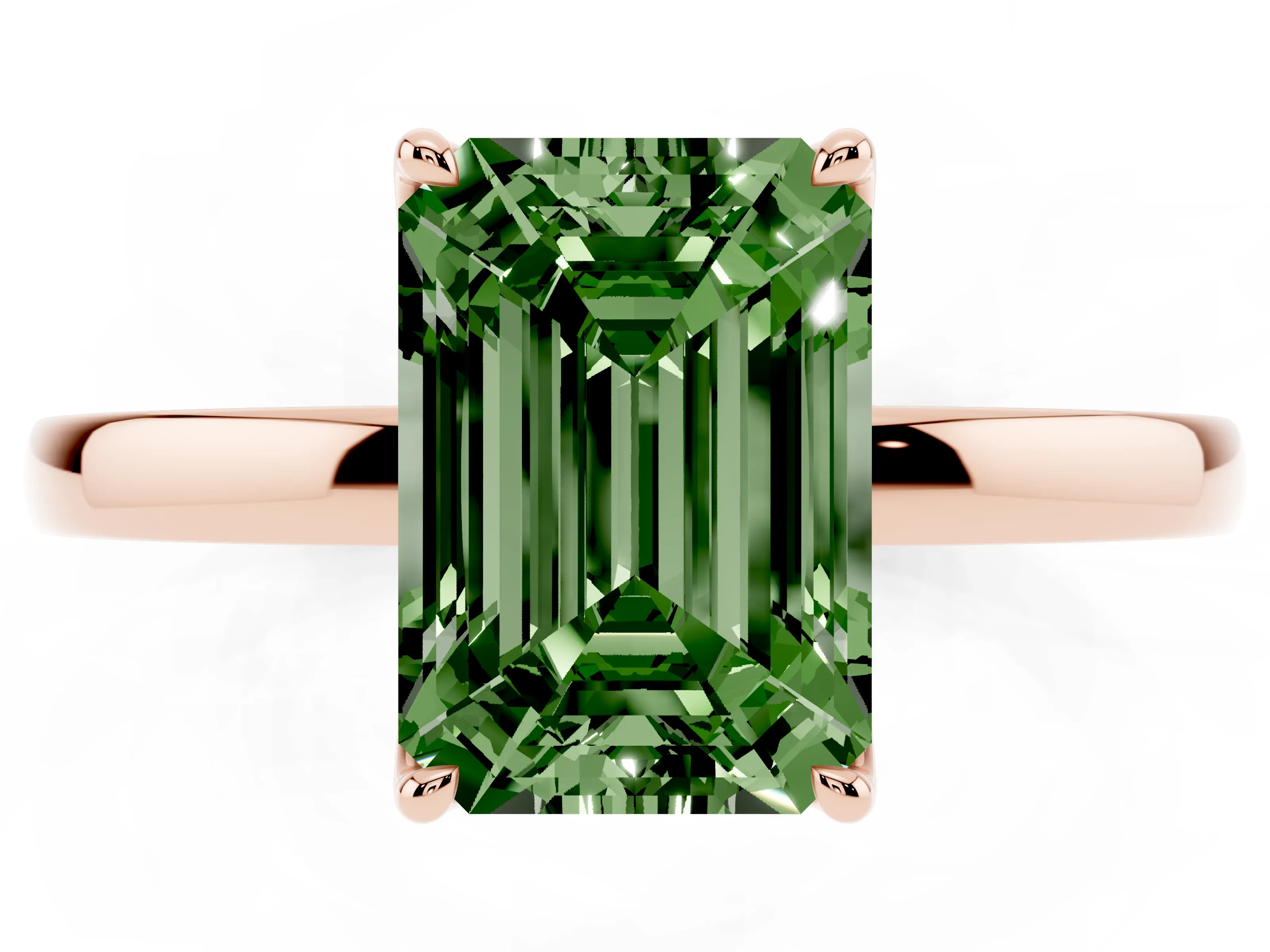 Fancy Green Emerald Cut Diamond Solitaire Ring Set in Rose gold with Prong Setting and Thin Polished Band