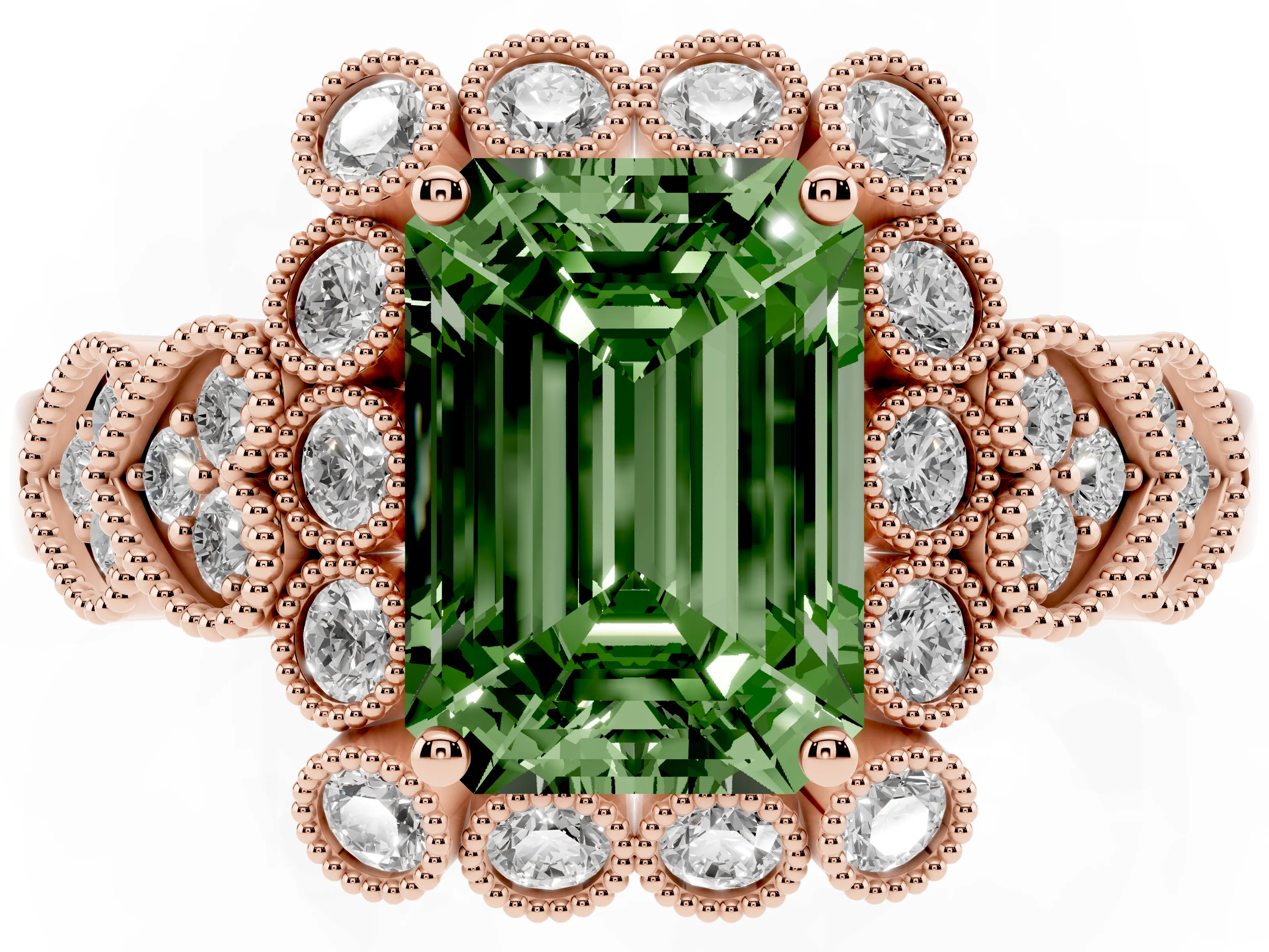 Fancy Green Emerald Cut Diamond Solitaire Ring Set in Rose gold with Milgrain Pavé Heart Band