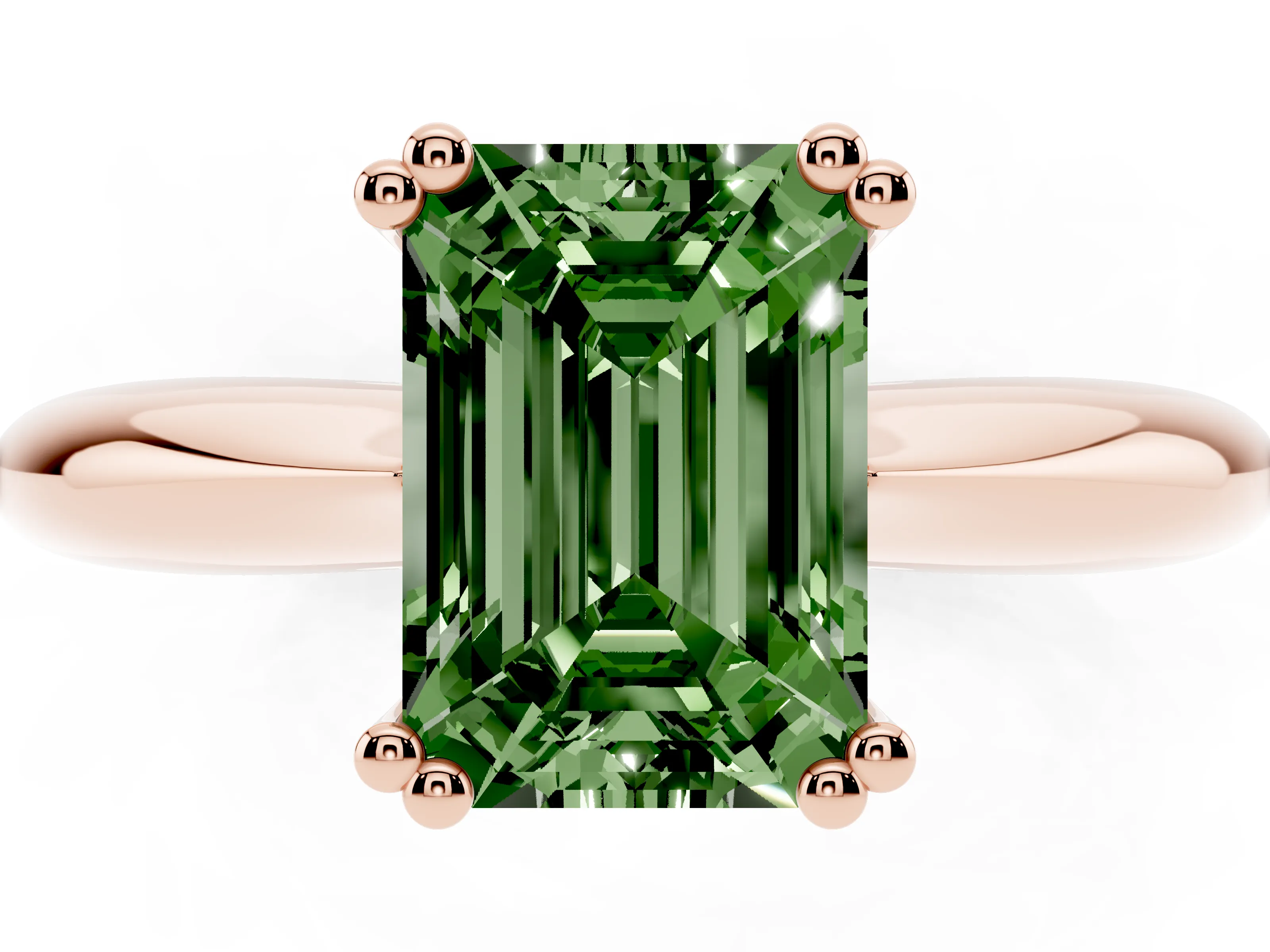 Fancy Green Emerald Cut Diamond Solitaire Engagement Ring Set in Rose gold with Tapered Band and Prong Setting