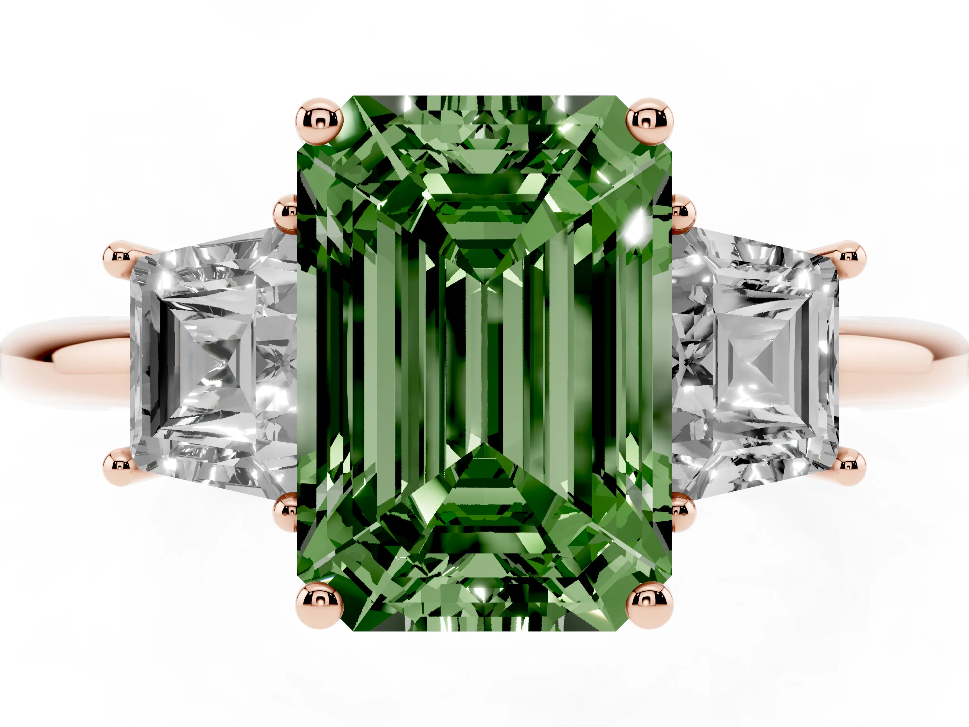 Fancy Green Emerald Cut Diamond Three-Stone Ring Set in Rose gold with Trapezoid Side Stones and Prong Setting